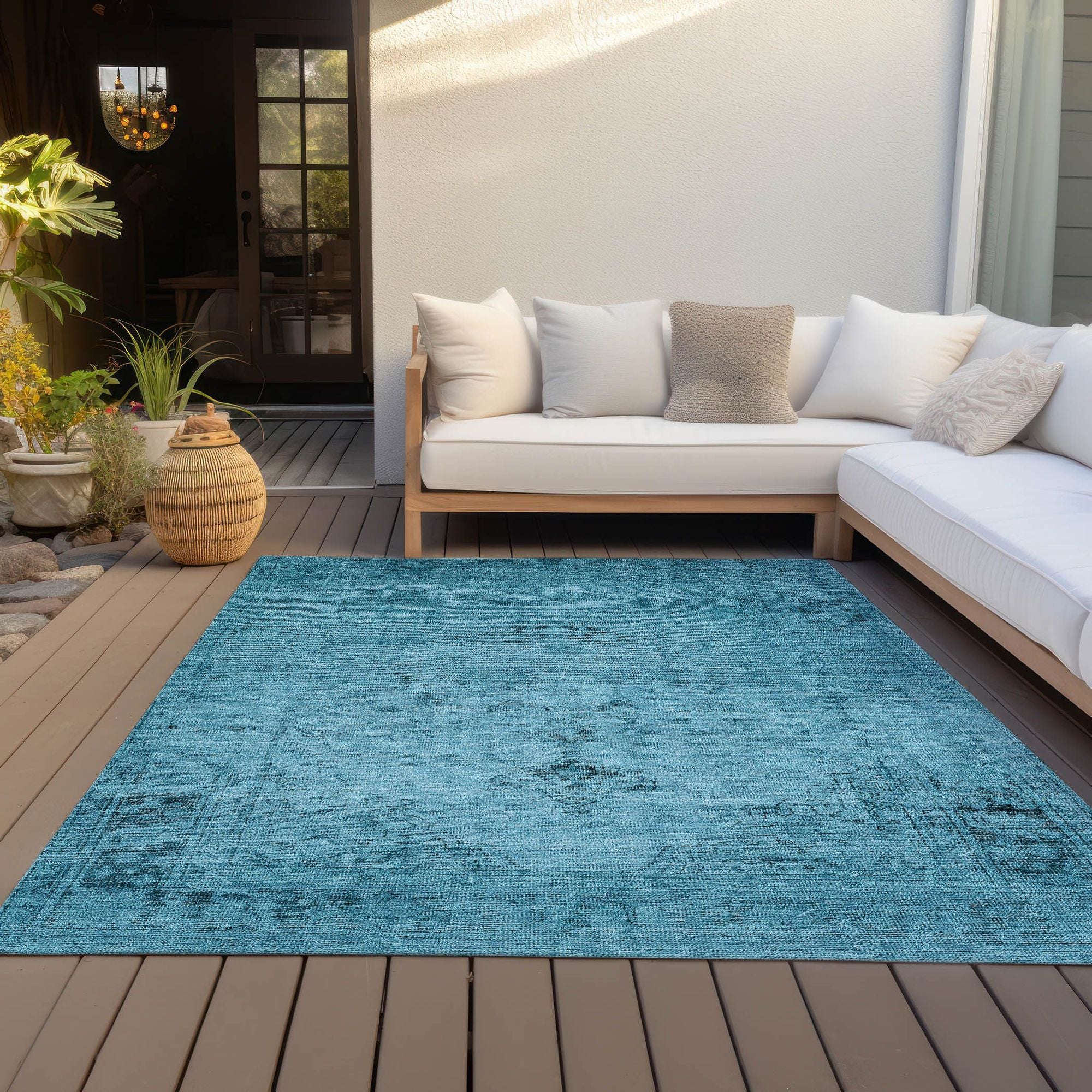 Machine Washable Blue Rug - Indoor / Outdoor - Kids / Pet Friendly Oriental Print Rug