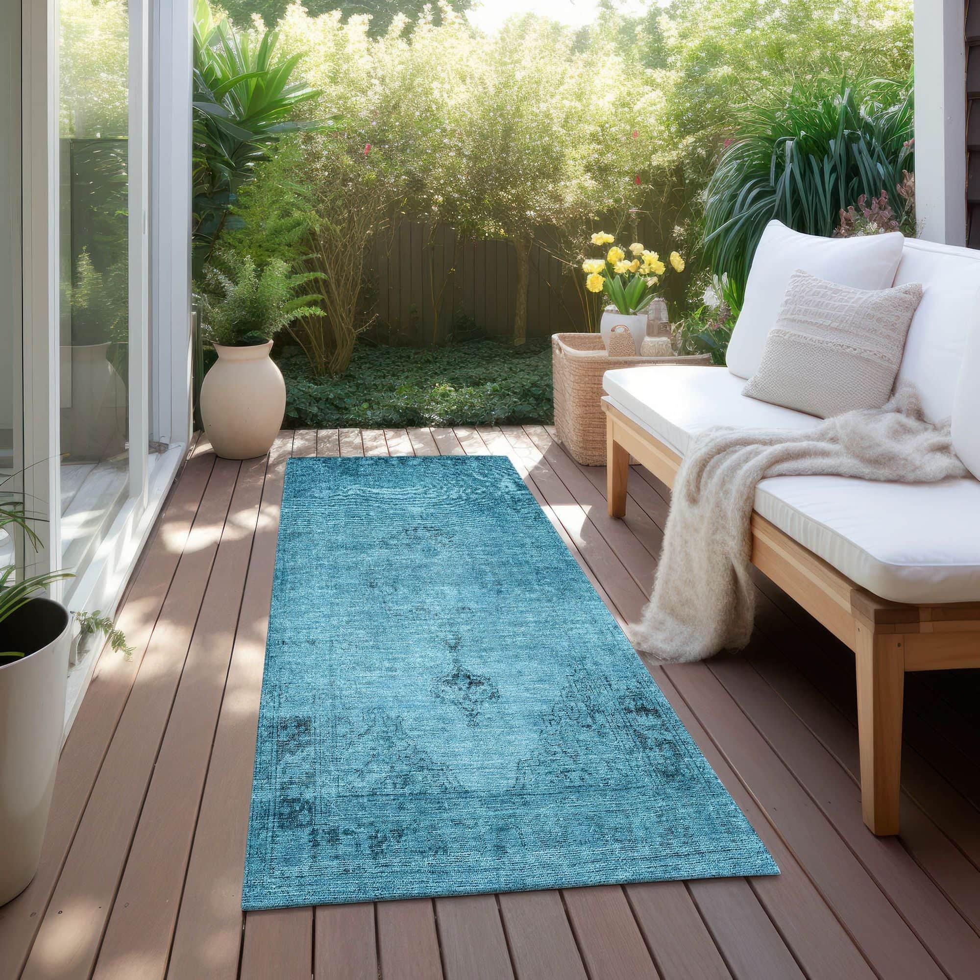 Machine Washable Blue Rug - Indoor / Outdoor - Kids / Pet Friendly Oriental Print Rug