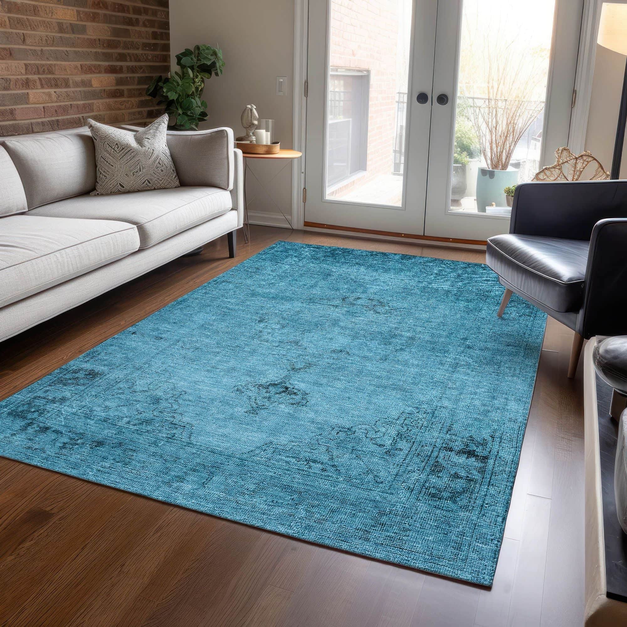 Machine Washable Blue Rug - Indoor / Outdoor - Kids / Pet Friendly Oriental Print Rug