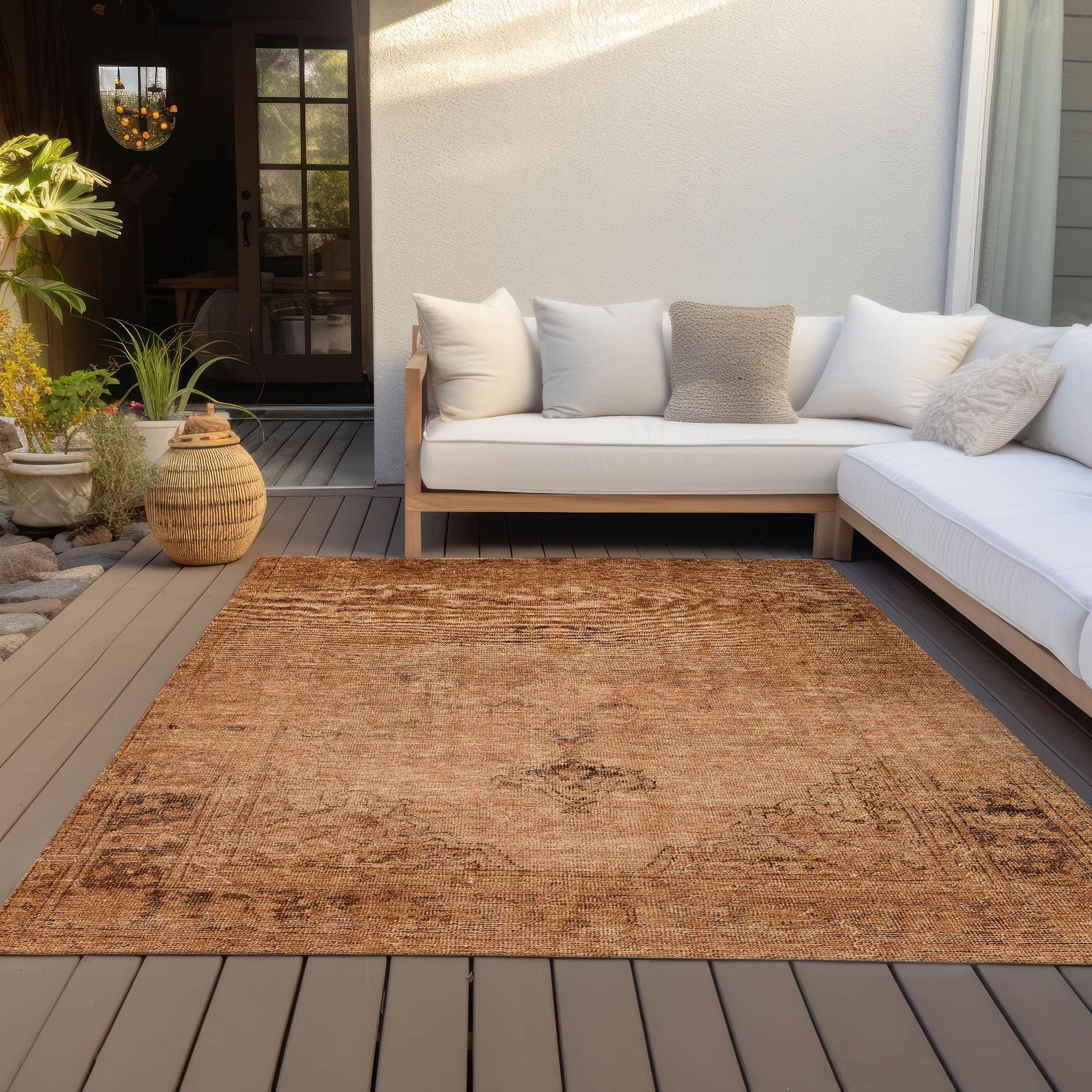 Machine Washable Copper Orange Rug - Indoor / Outdoor - Kids / Pet Friendly Oriental Print Rug