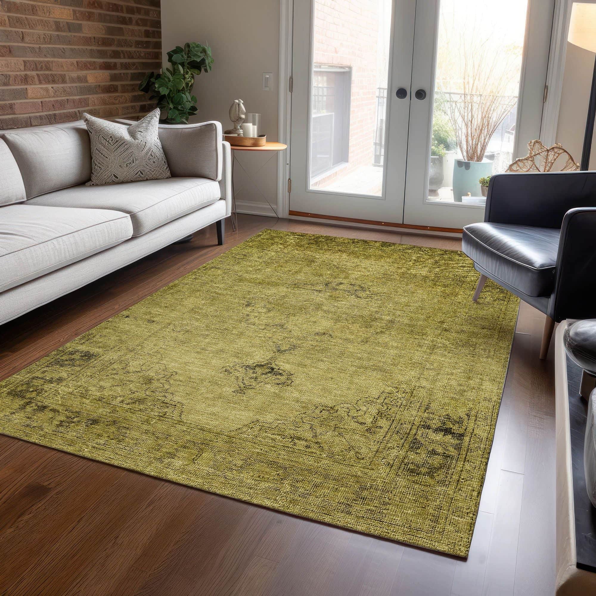 Machine Washable Gold Rug - Indoor / Outdoor - Kids / Pet Friendly Oriental Print Rug