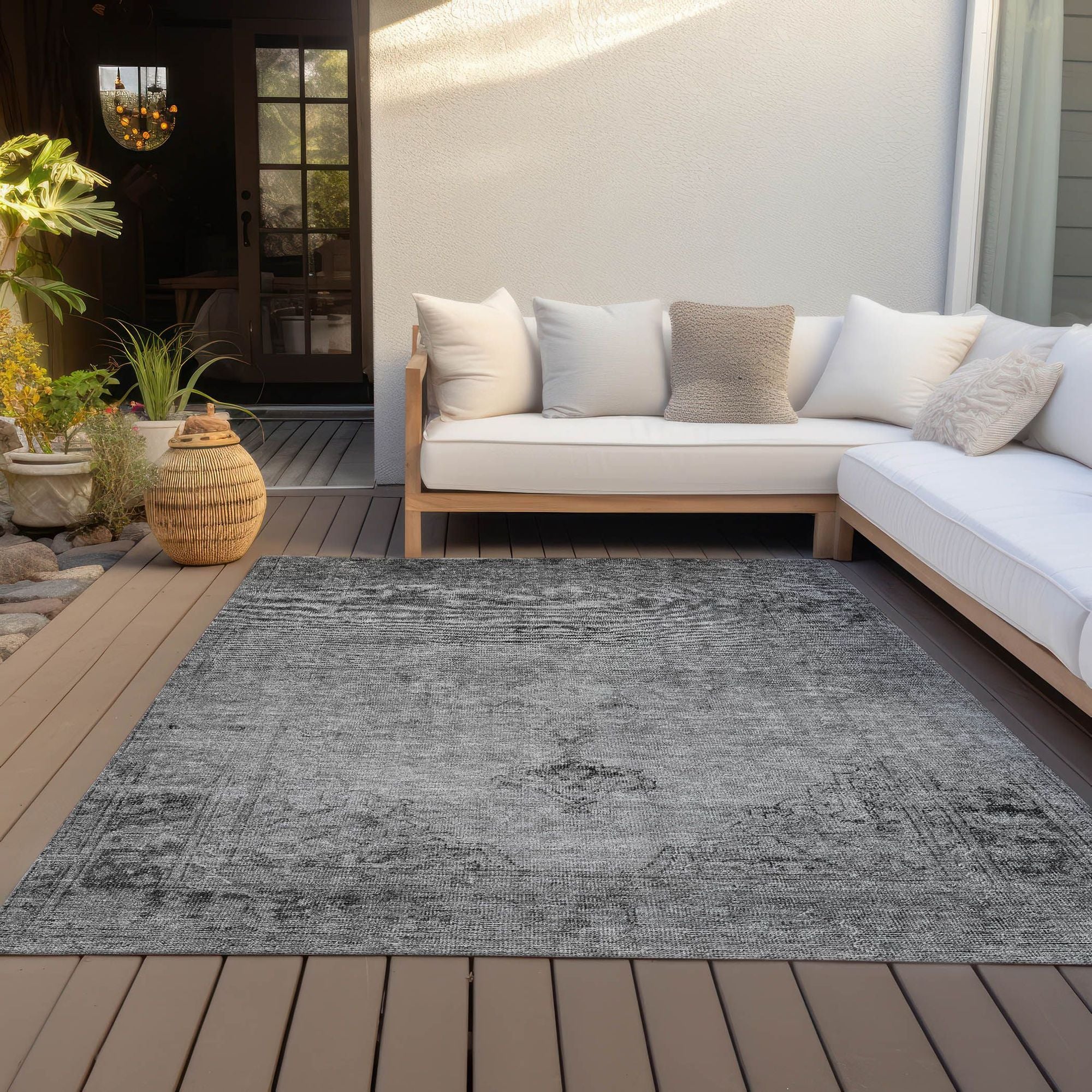 Machine Washable Gray Rug - Indoor / Outdoor - Kids / Pet Friendly Oriental Print Rug