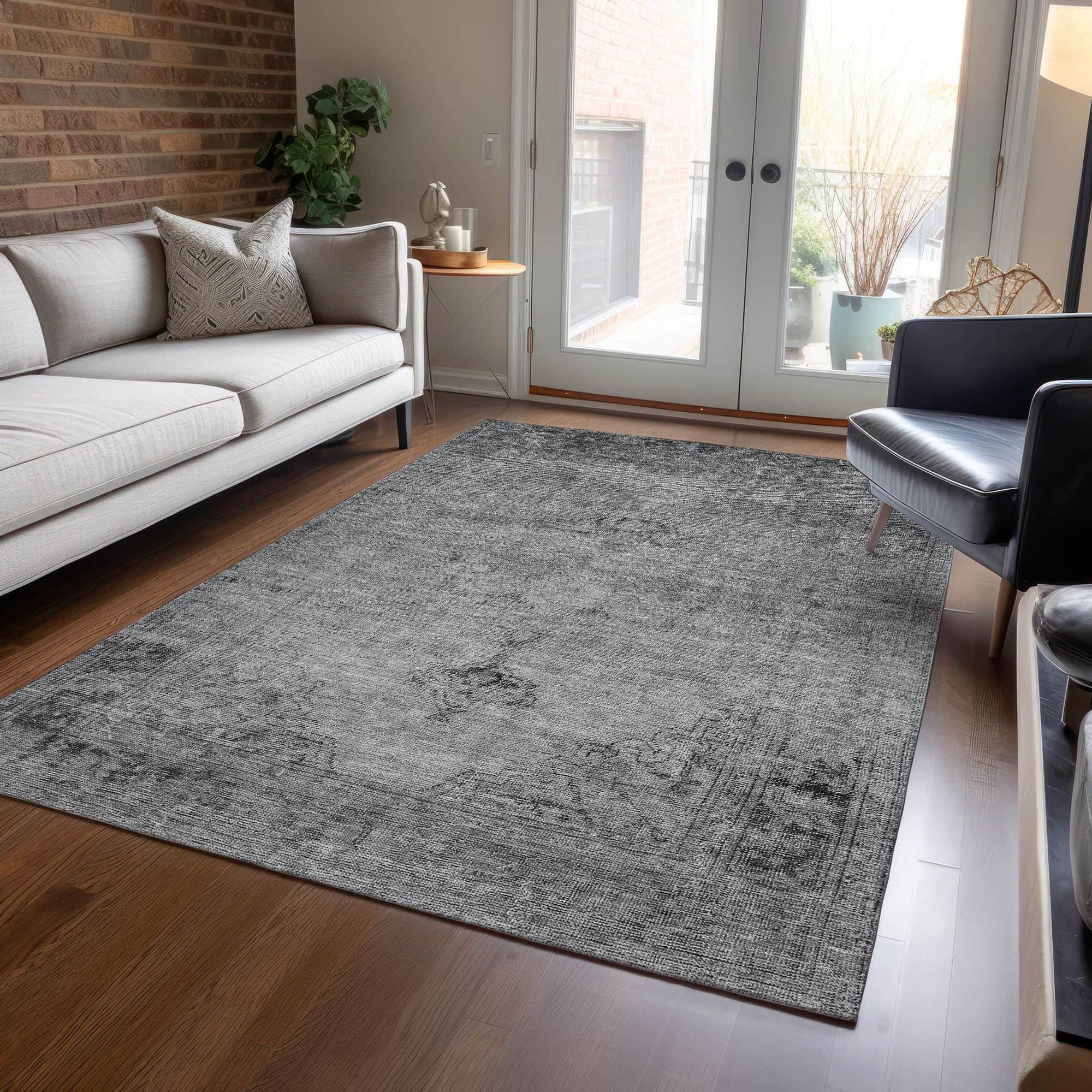 Machine Washable Gray Rug - Indoor / Outdoor - Kids / Pet Friendly Oriental Print Rug