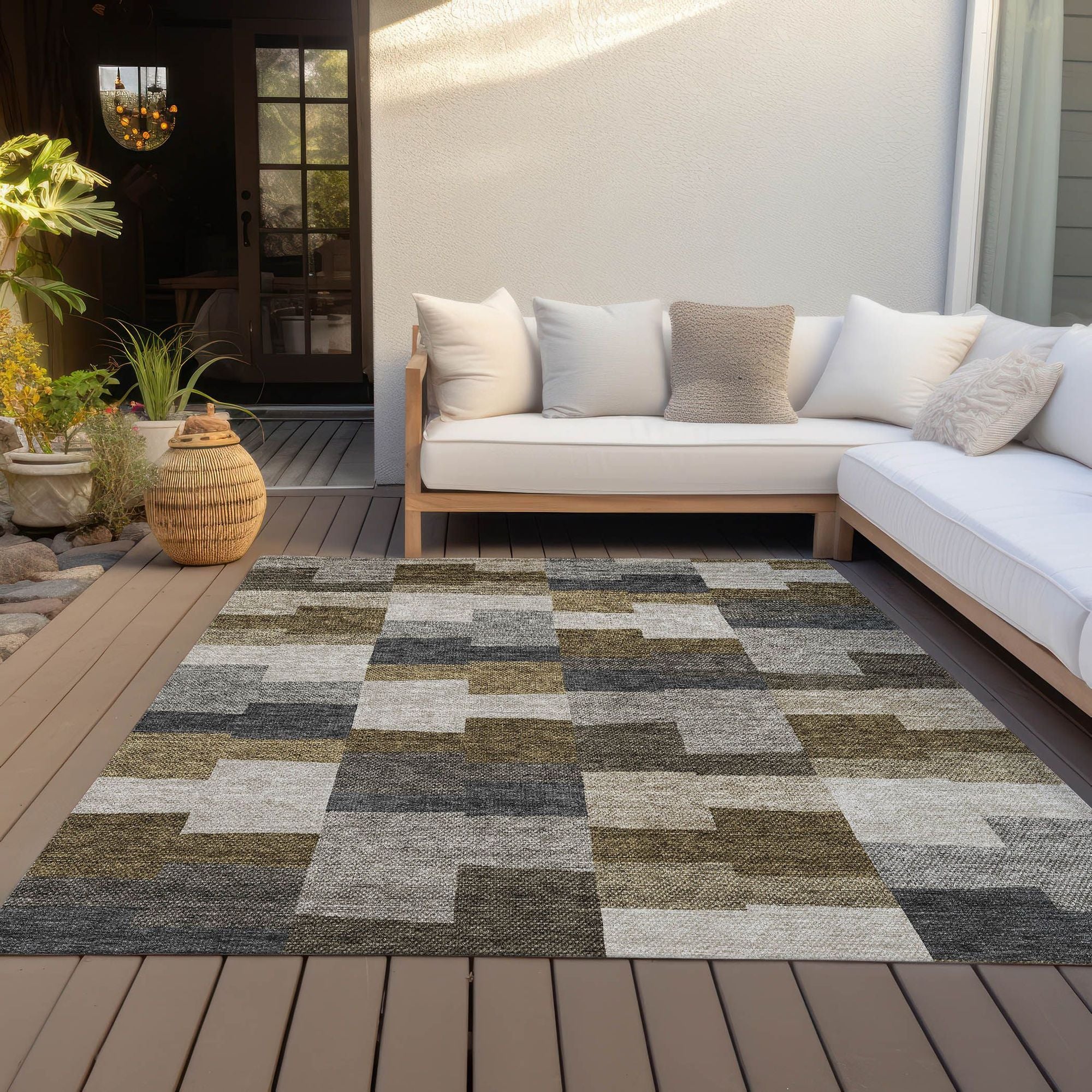 Machine Washable Brown Rug - Indoor / Outdoor - Kids / Pet Friendly Geometric Print Rug