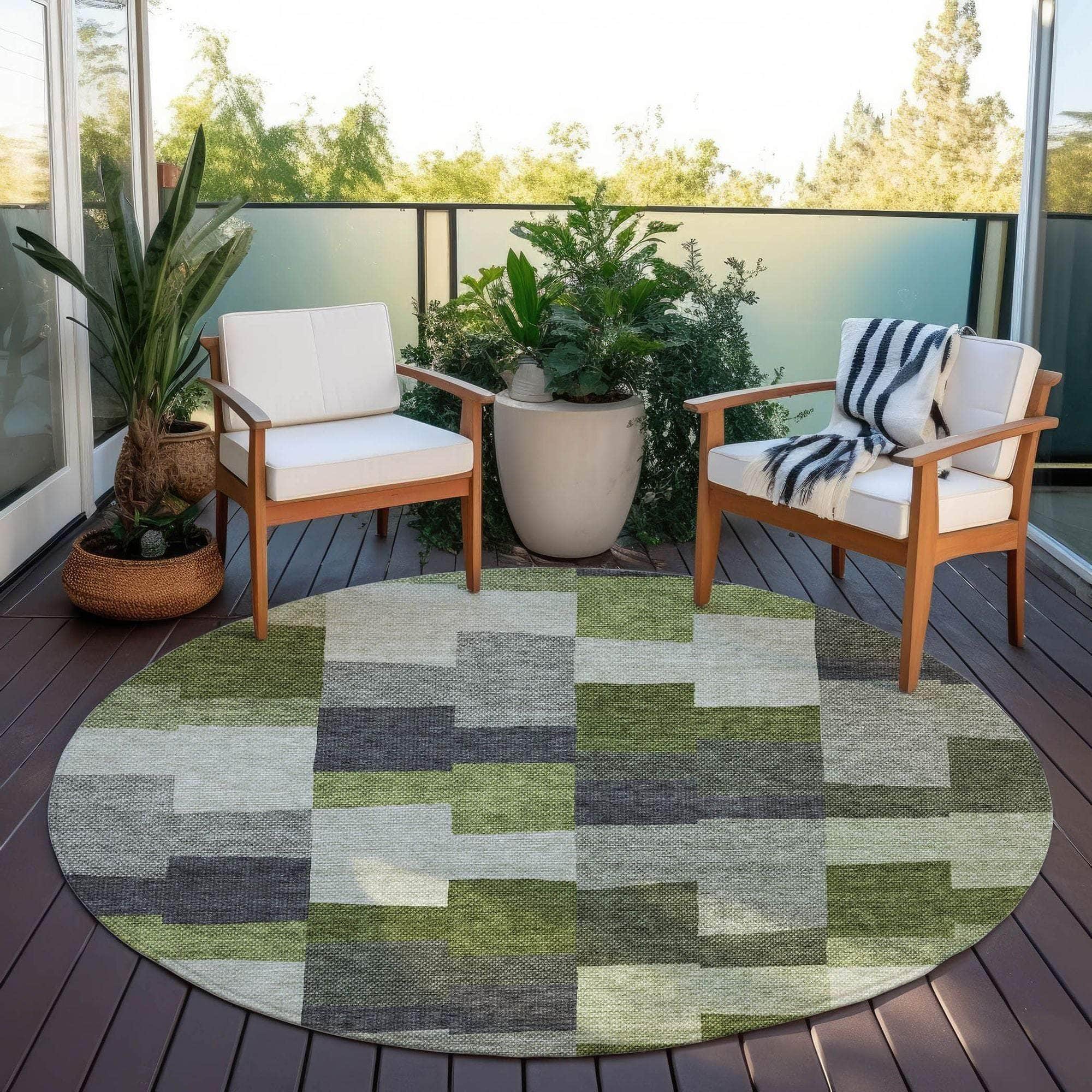 Machine Washable Olive Green Rug - Indoor / Outdoor - Kids / Pet Friendly Geometric Print Rug