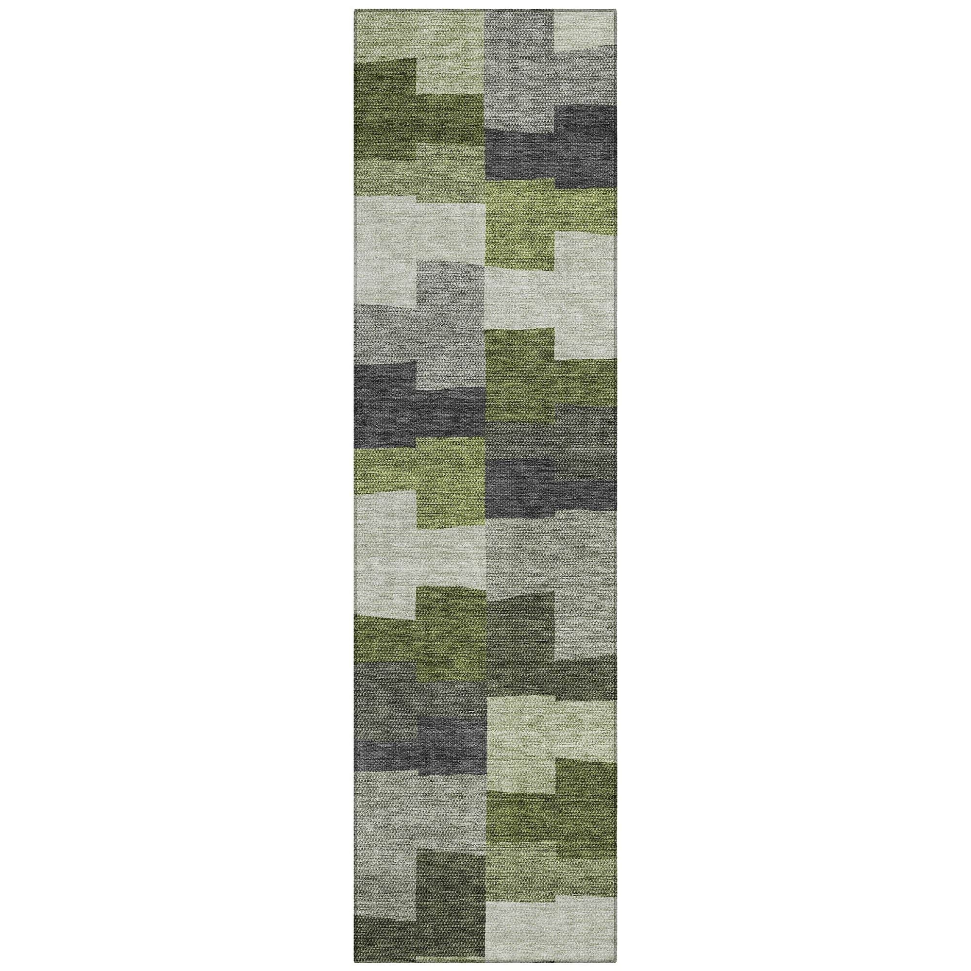 Machine Washable Olive Green Rug - Indoor / Outdoor - Kids / Pet Friendly Geometric Print Rug