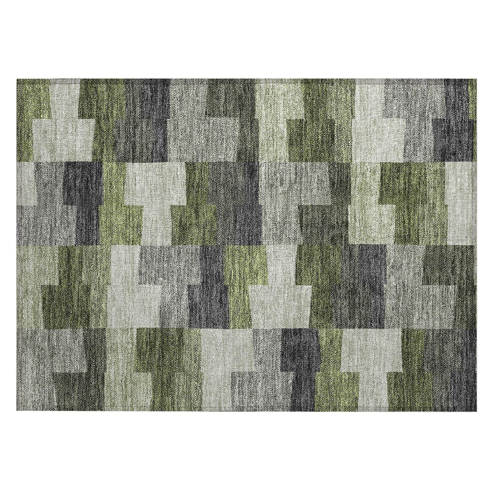 Machine Washable Olive Green Rug - Indoor / Outdoor - Kids / Pet Friendly Geometric Print Rug