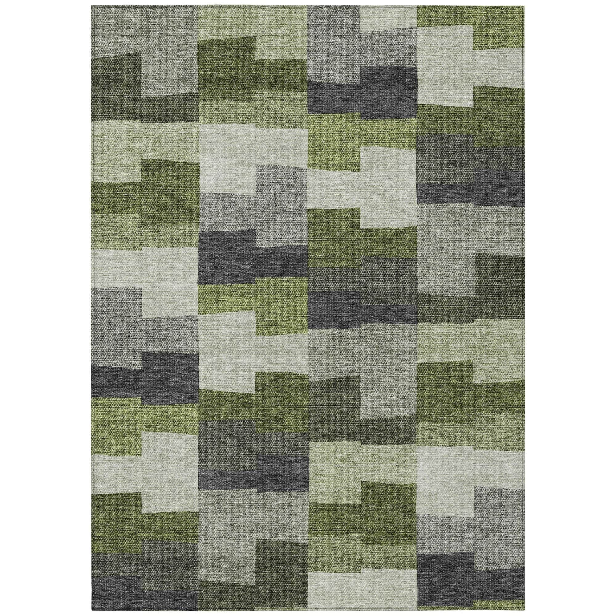 Machine Washable Olive Green Rug - Indoor / Outdoor - Kids / Pet Friendly Geometric Print Rug