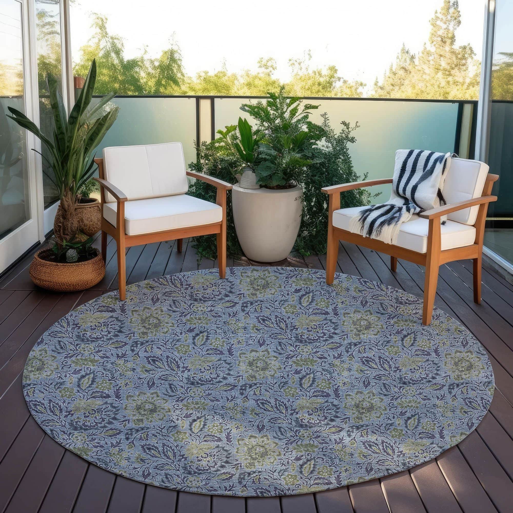 Machine Washable Denim Blue Rug - Indoor / Outdoor - Kids / Pet Friendly Floral Print Rug