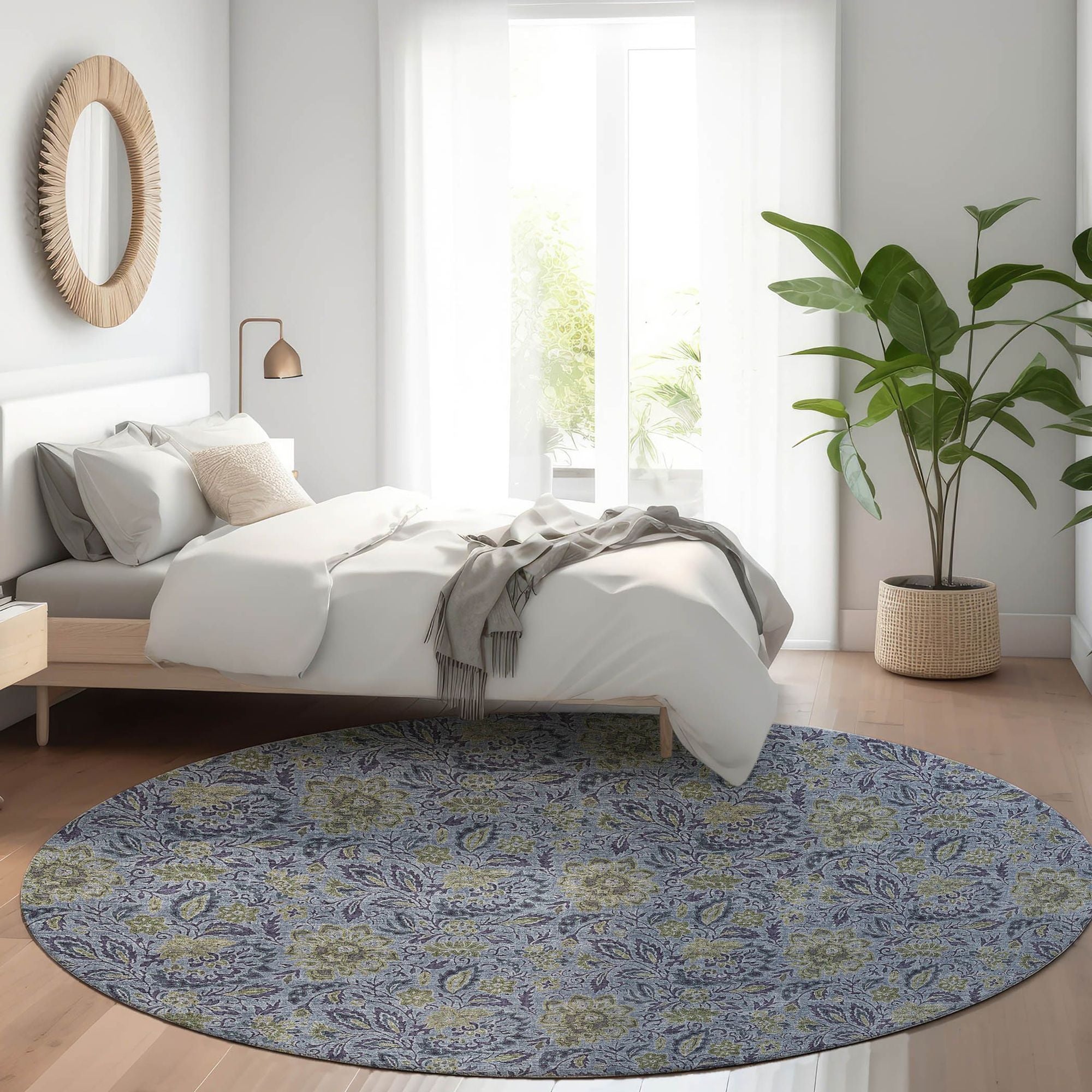 Machine Washable Denim Blue Rug - Indoor / Outdoor - Kids / Pet Friendly Floral Print Rug