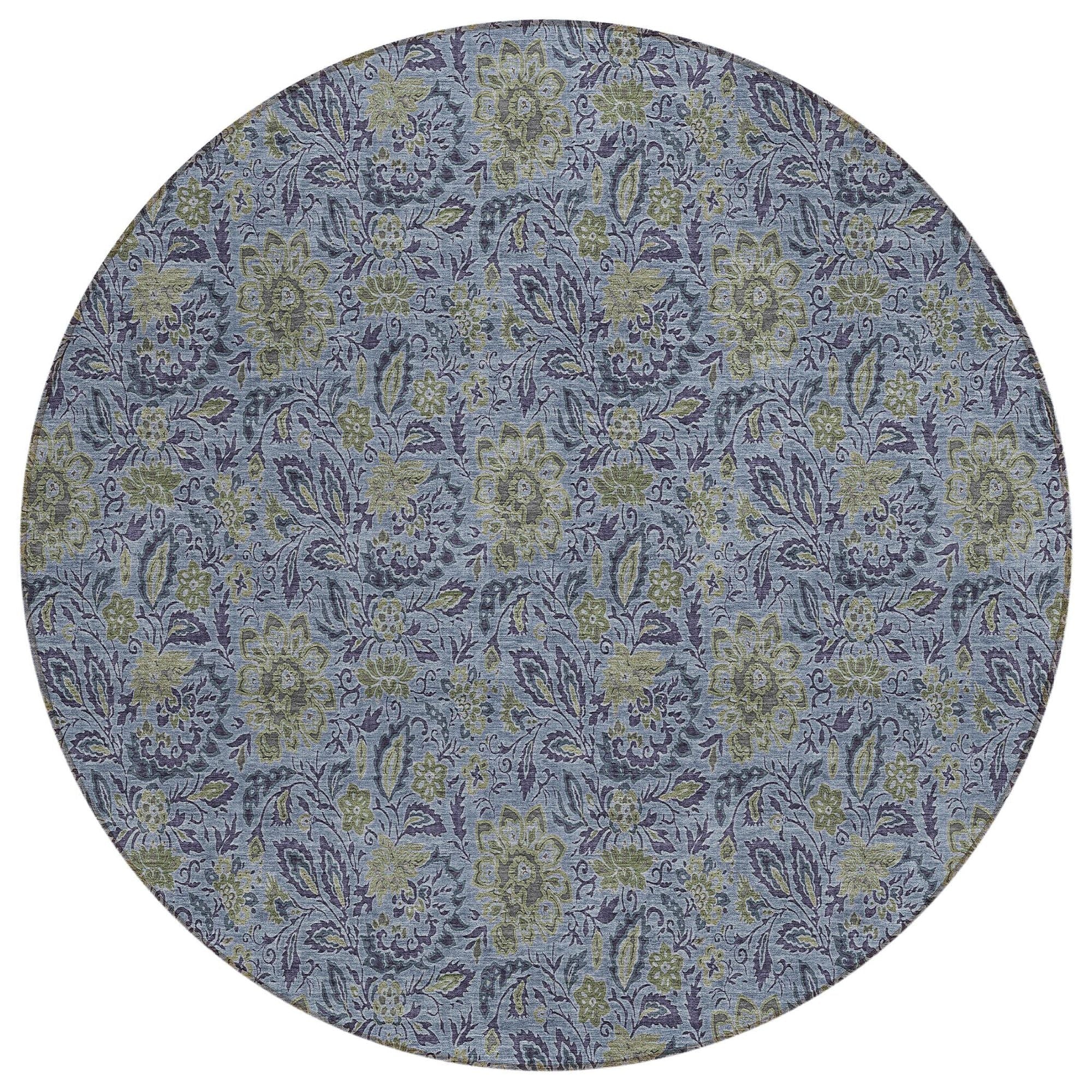 Machine Washable Denim Blue Rug - Indoor / Outdoor - Kids / Pet Friendly Floral Print Rug