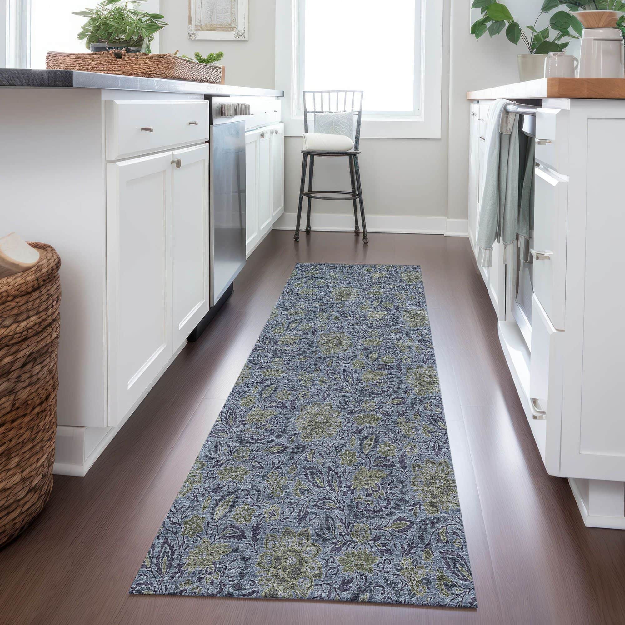 Machine Washable Denim Blue Rug - Indoor / Outdoor - Kids / Pet Friendly Floral Print Rug