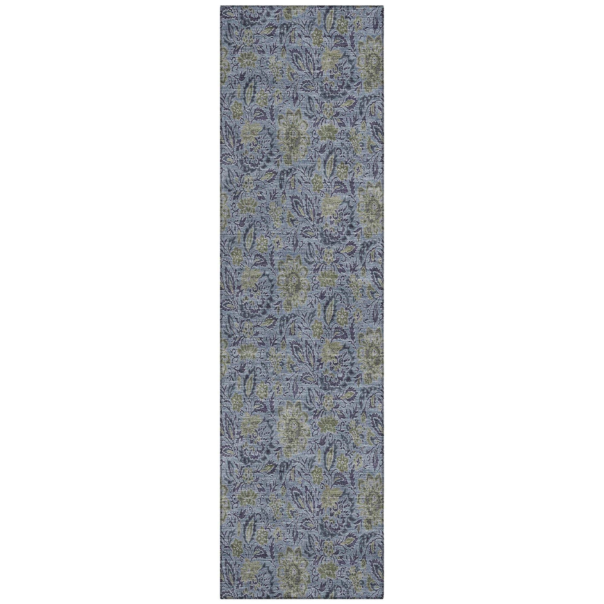 Machine Washable Denim Blue Rug - Indoor / Outdoor - Kids / Pet Friendly Floral Print Rug