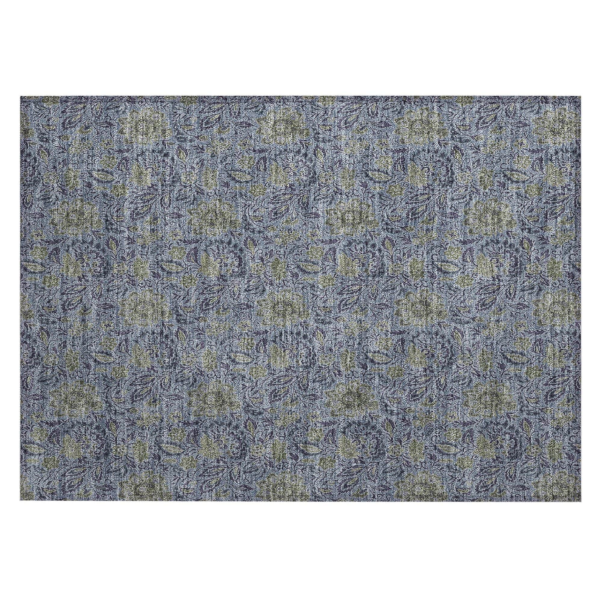 Machine Washable Denim Blue Rug - Indoor / Outdoor - Kids / Pet Friendly Floral Print Rug