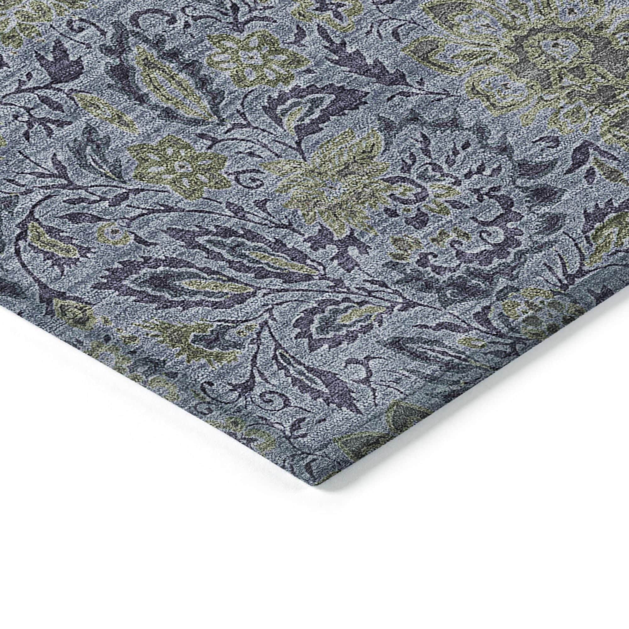 Machine Washable Denim Blue Rug - Indoor / Outdoor - Kids / Pet Friendly Floral Print Rug