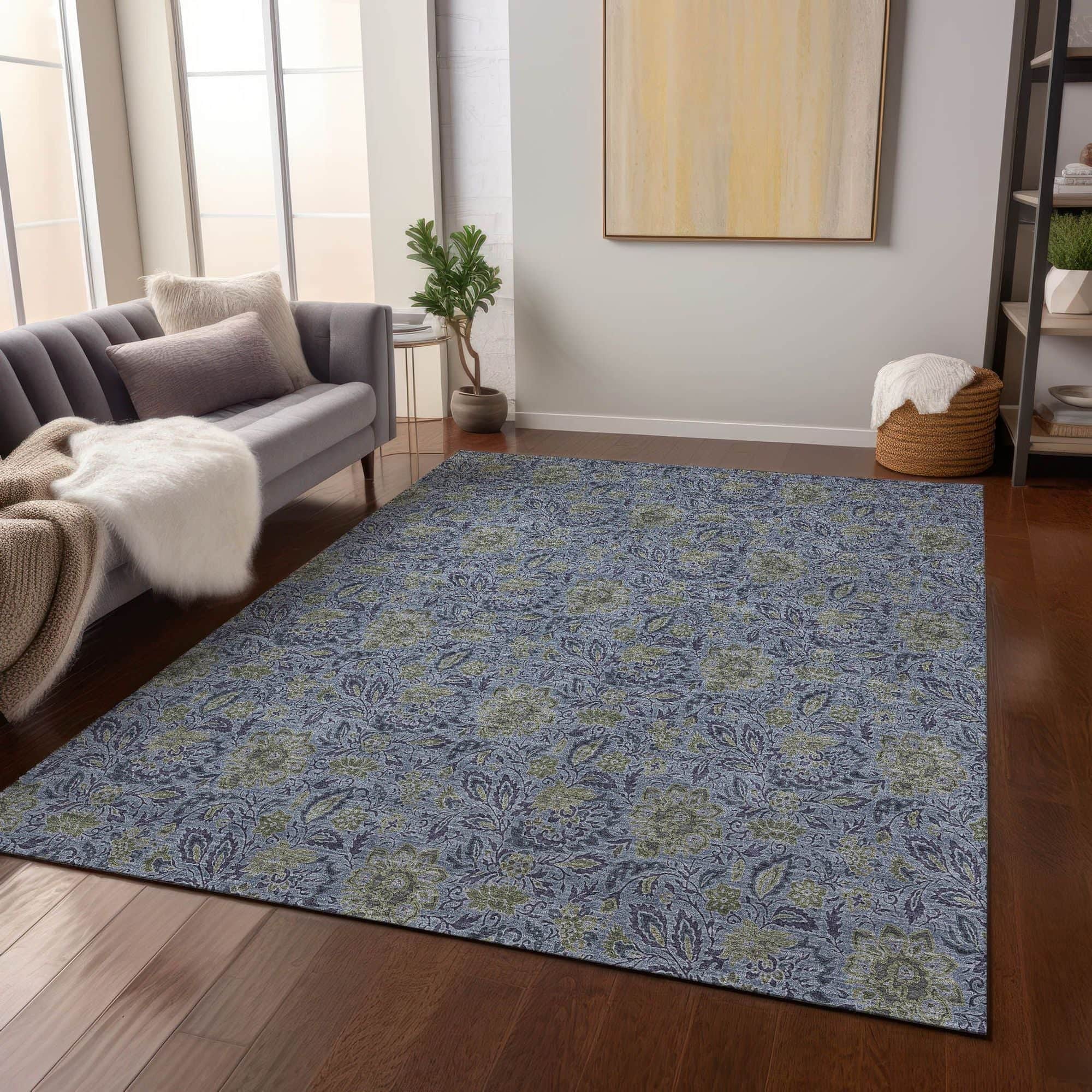 Machine Washable Denim Blue Rug - Indoor / Outdoor - Kids / Pet Friendly Floral Print Rug