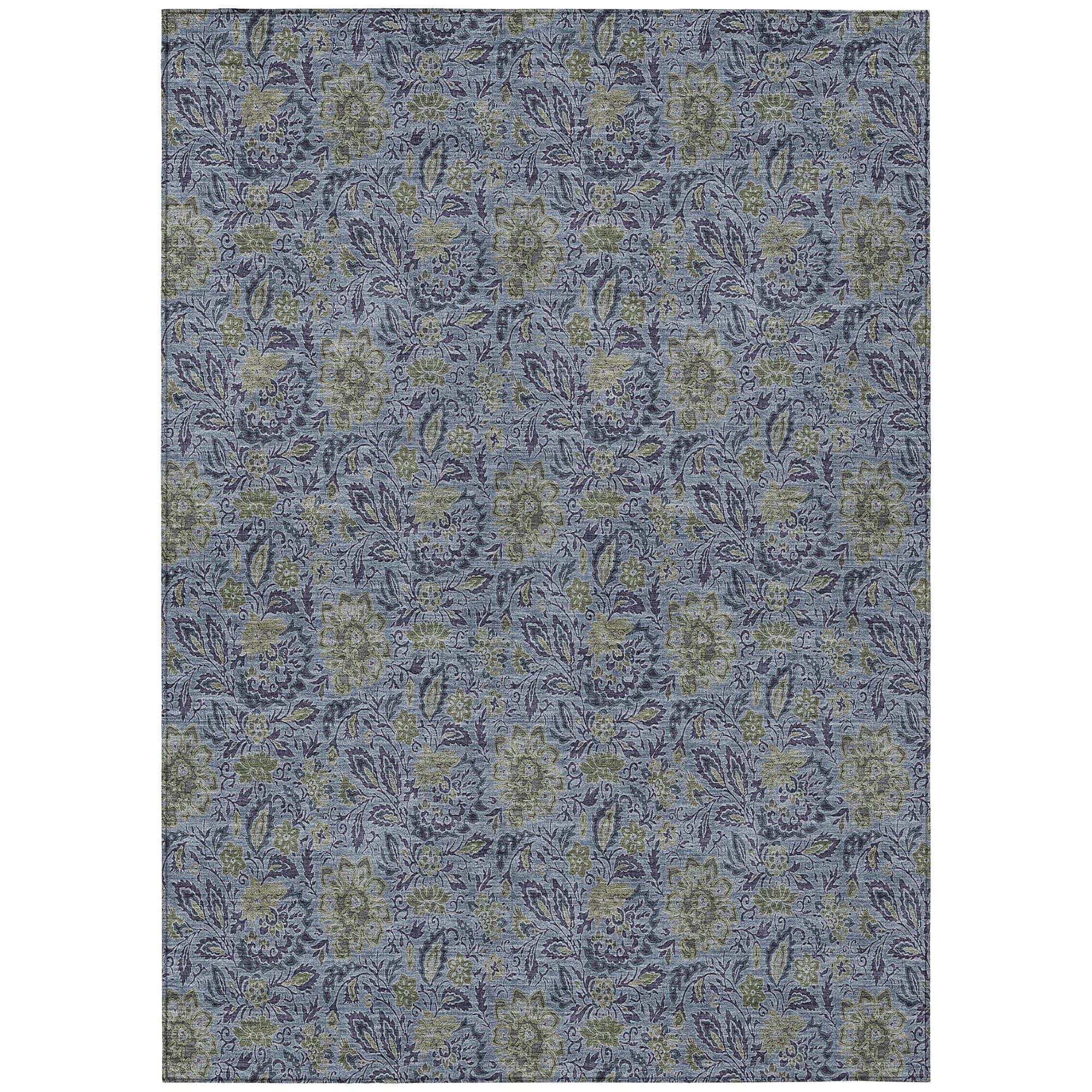 Machine Washable Denim Blue Rug - Indoor / Outdoor - Kids / Pet Friendly Floral Print Rug