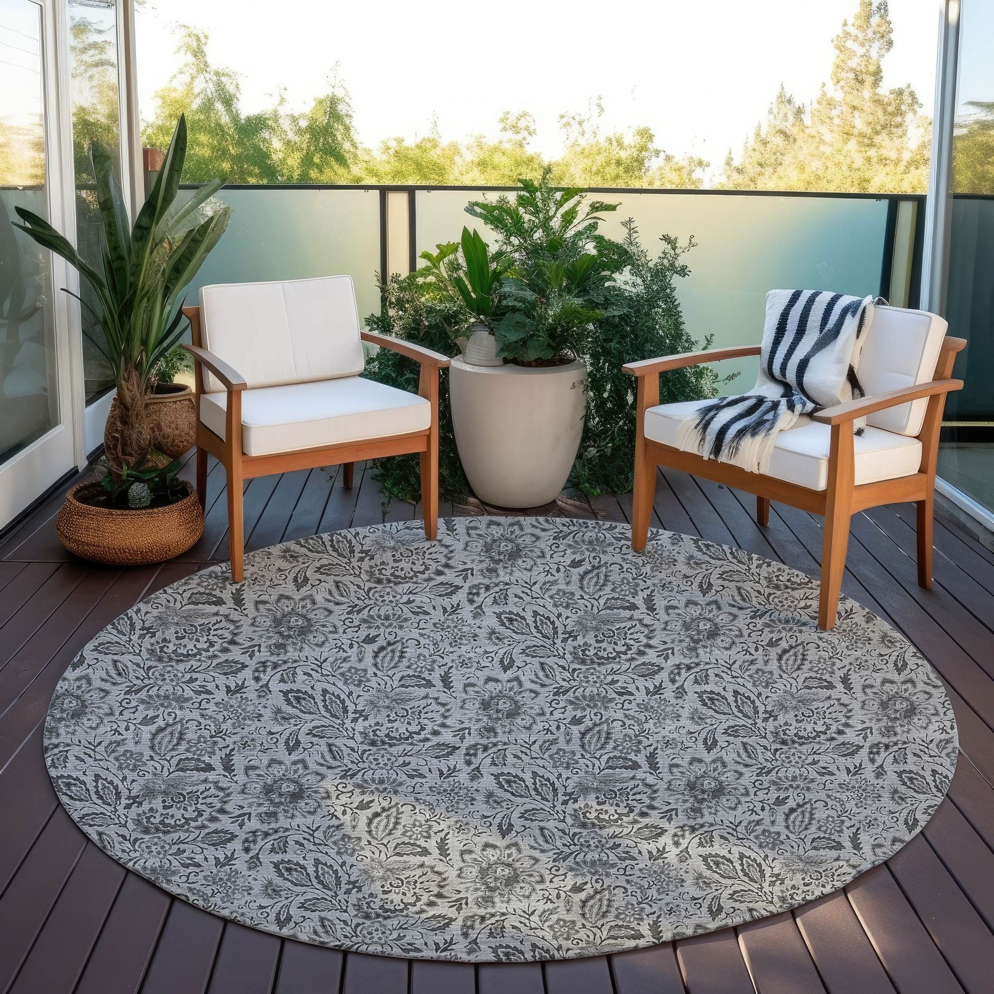 Machine Washable Gray Rug - Indoor / Outdoor - Kids / Pet Friendly Floral Print Rug