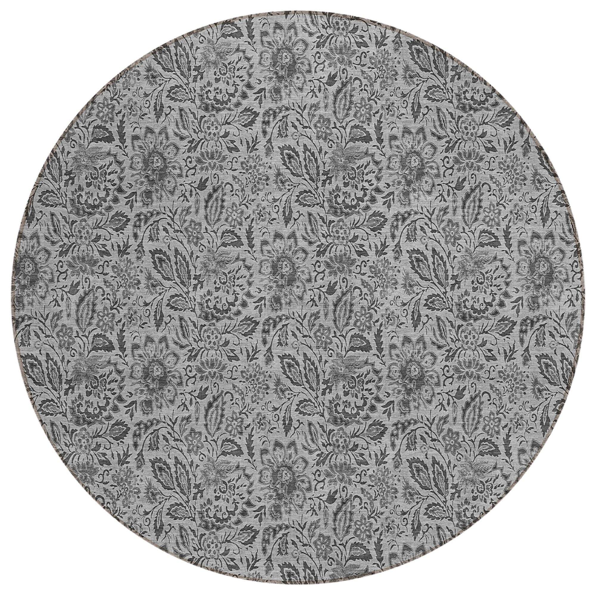 Machine Washable Gray Rug - Indoor / Outdoor - Kids / Pet Friendly Floral Print Rug