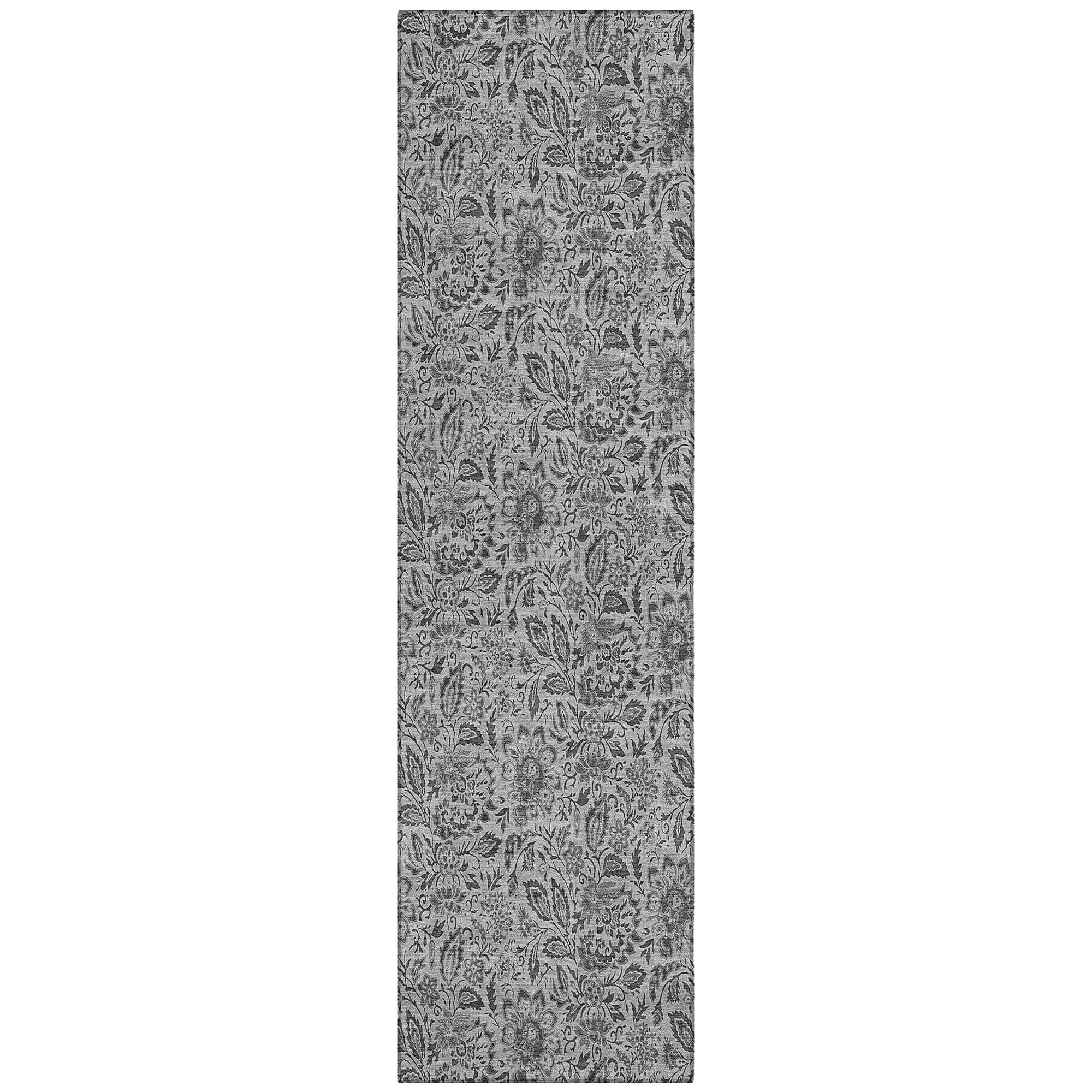 Machine Washable Gray Rug - Indoor / Outdoor - Kids / Pet Friendly Floral Print Rug