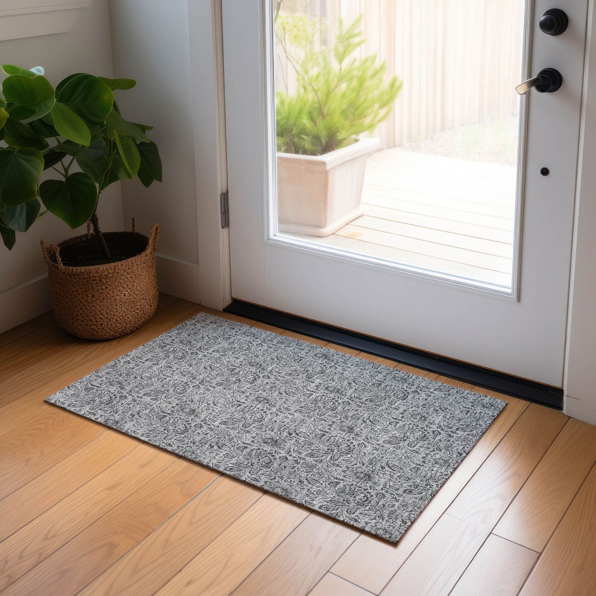 Machine Washable Gray Rug - Indoor / Outdoor - Kids / Pet Friendly Floral Print Rug
