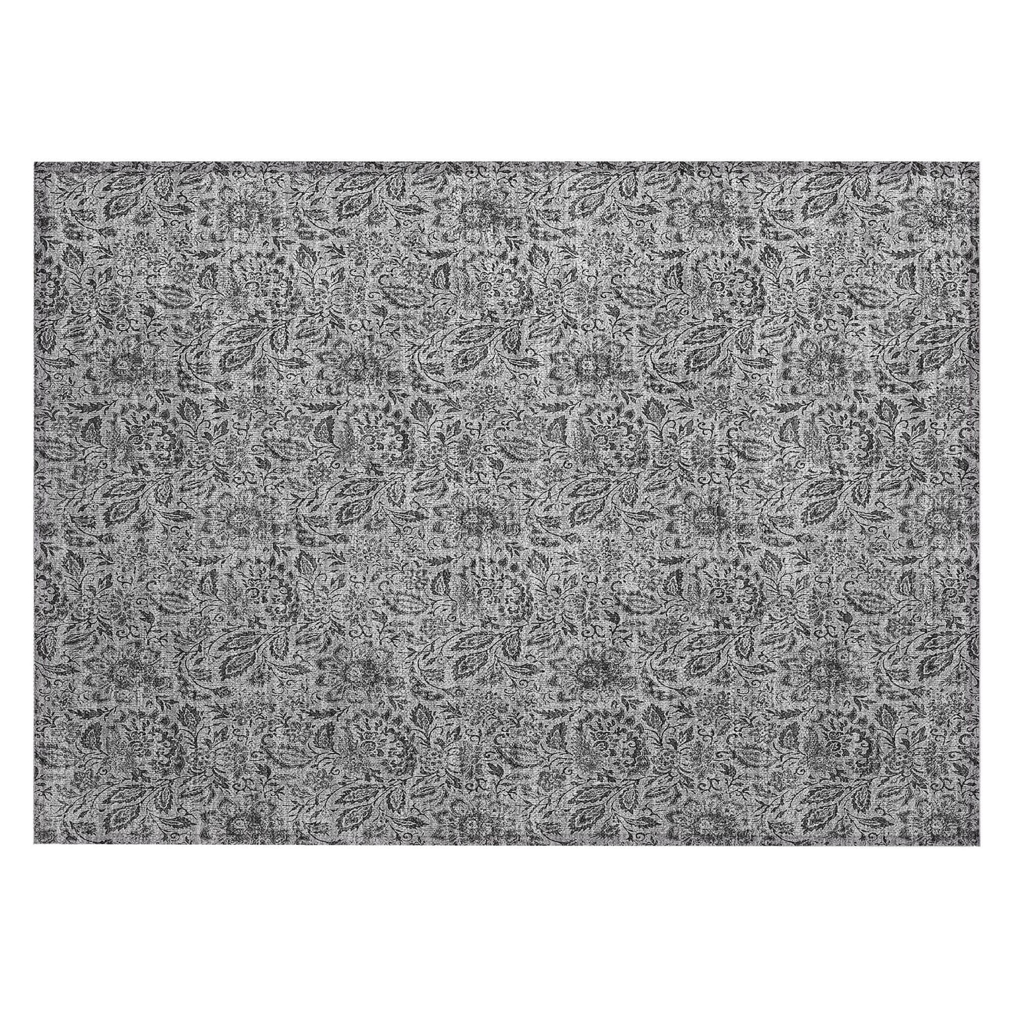 Machine Washable Gray Rug - Indoor / Outdoor - Kids / Pet Friendly Floral Print Rug