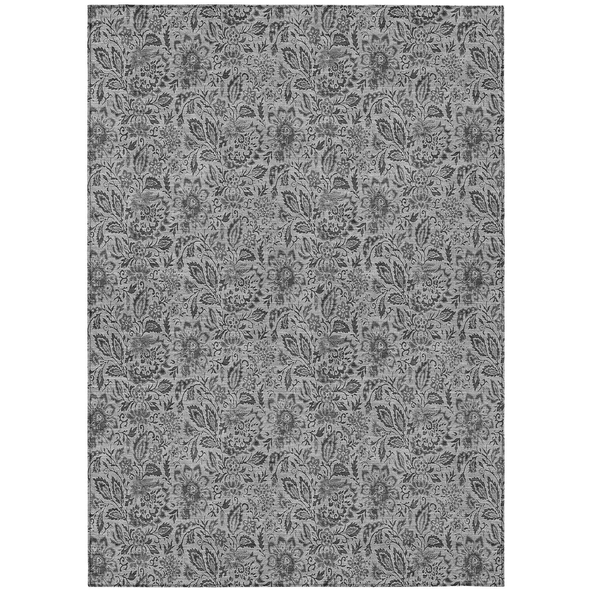 Machine Washable Gray Rug - Indoor / Outdoor - Kids / Pet Friendly Floral Print Rug