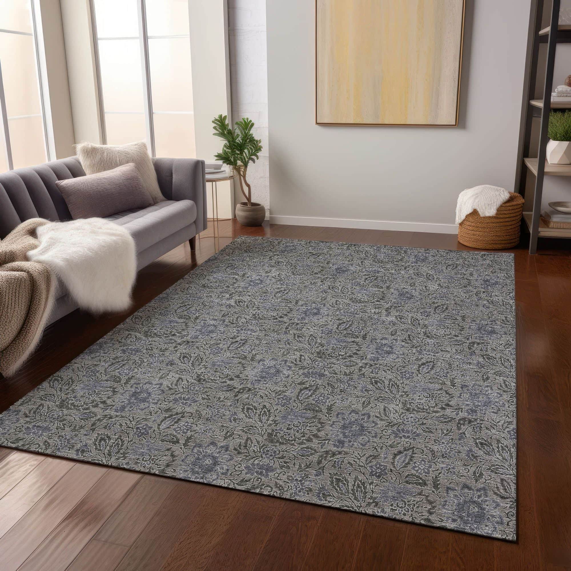 Machine Washable Khaki Brown Rug - Indoor / Outdoor - Kids / Pet Friendly Floral Print Rug