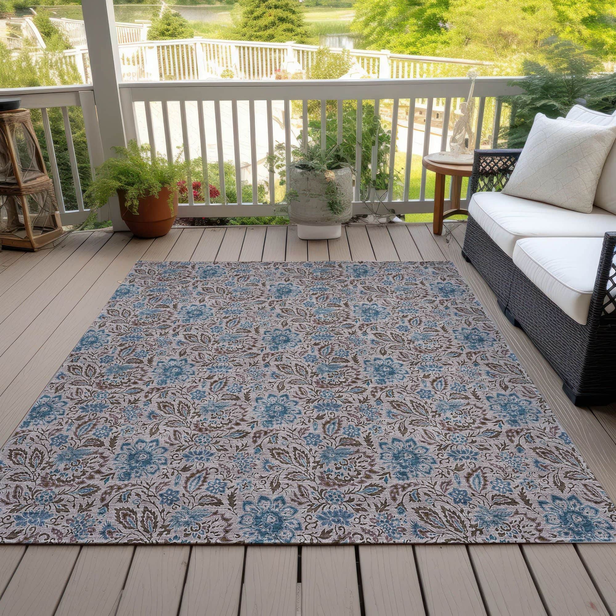Machine Washable Mocha Brown Rug - Indoor / Outdoor - Kids / Pet Friendly Floral Print Rug