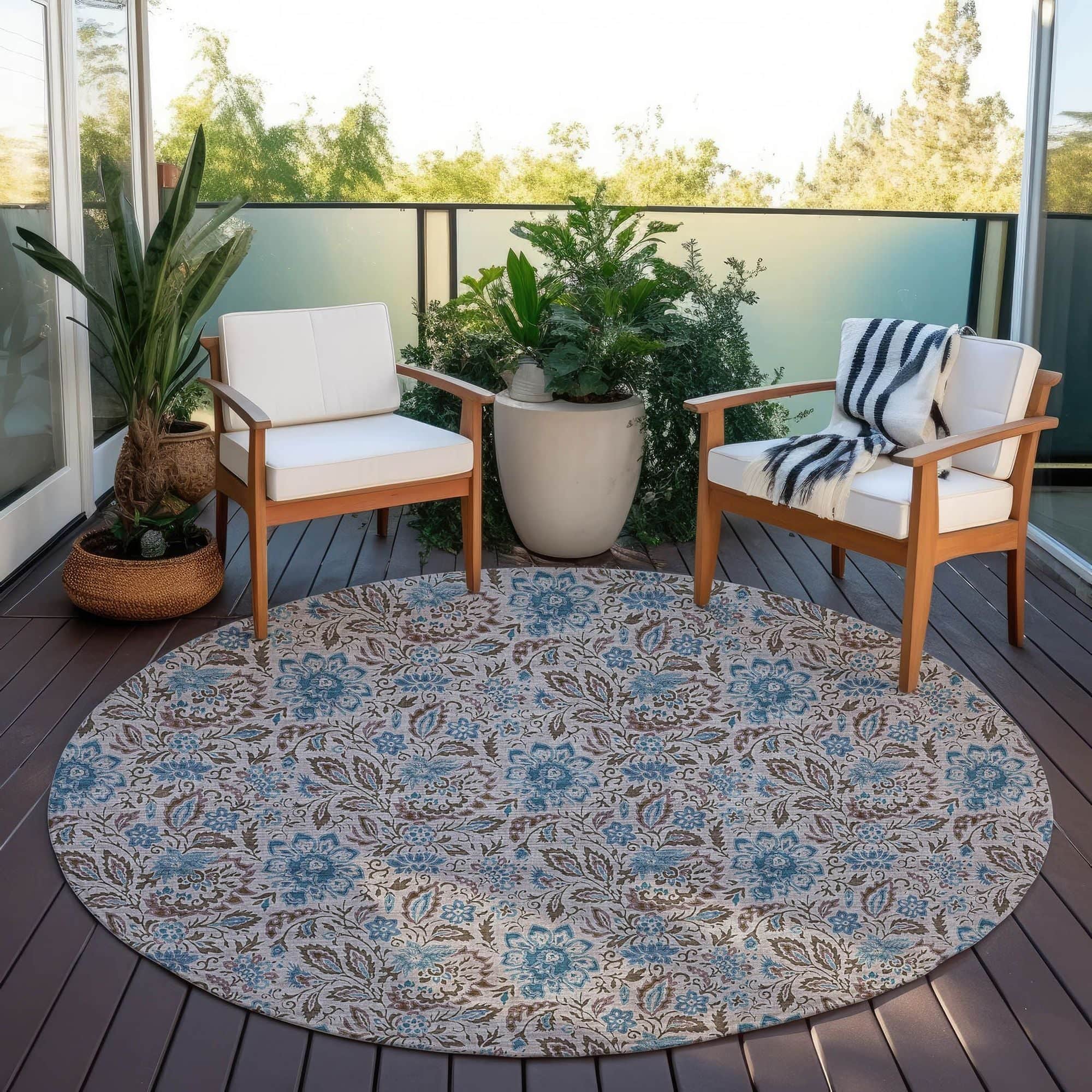 Machine Washable Mocha Brown Rug - Indoor / Outdoor - Kids / Pet Friendly Floral Print Rug