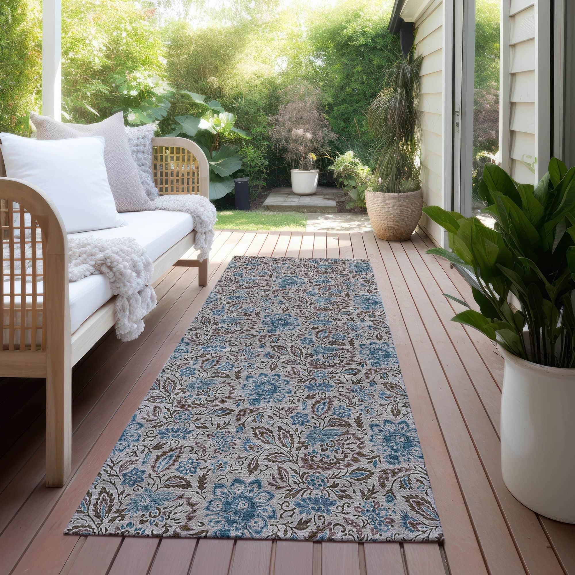 Machine Washable Mocha Brown Rug - Indoor / Outdoor - Kids / Pet Friendly Floral Print Rug