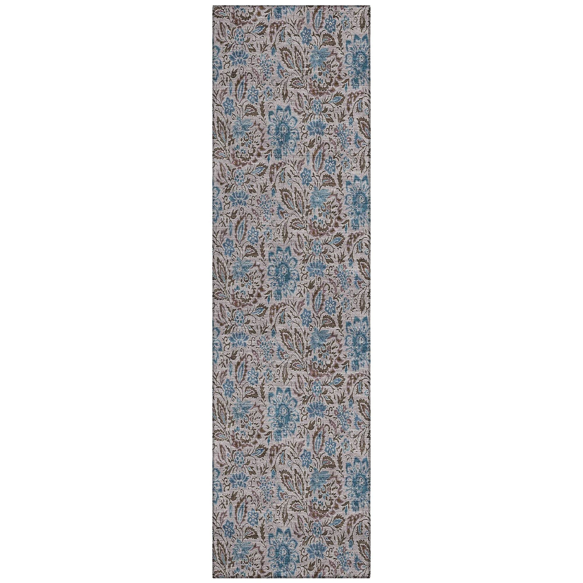 Machine Washable Mocha Brown Rug - Indoor / Outdoor - Kids / Pet Friendly Floral Print Rug