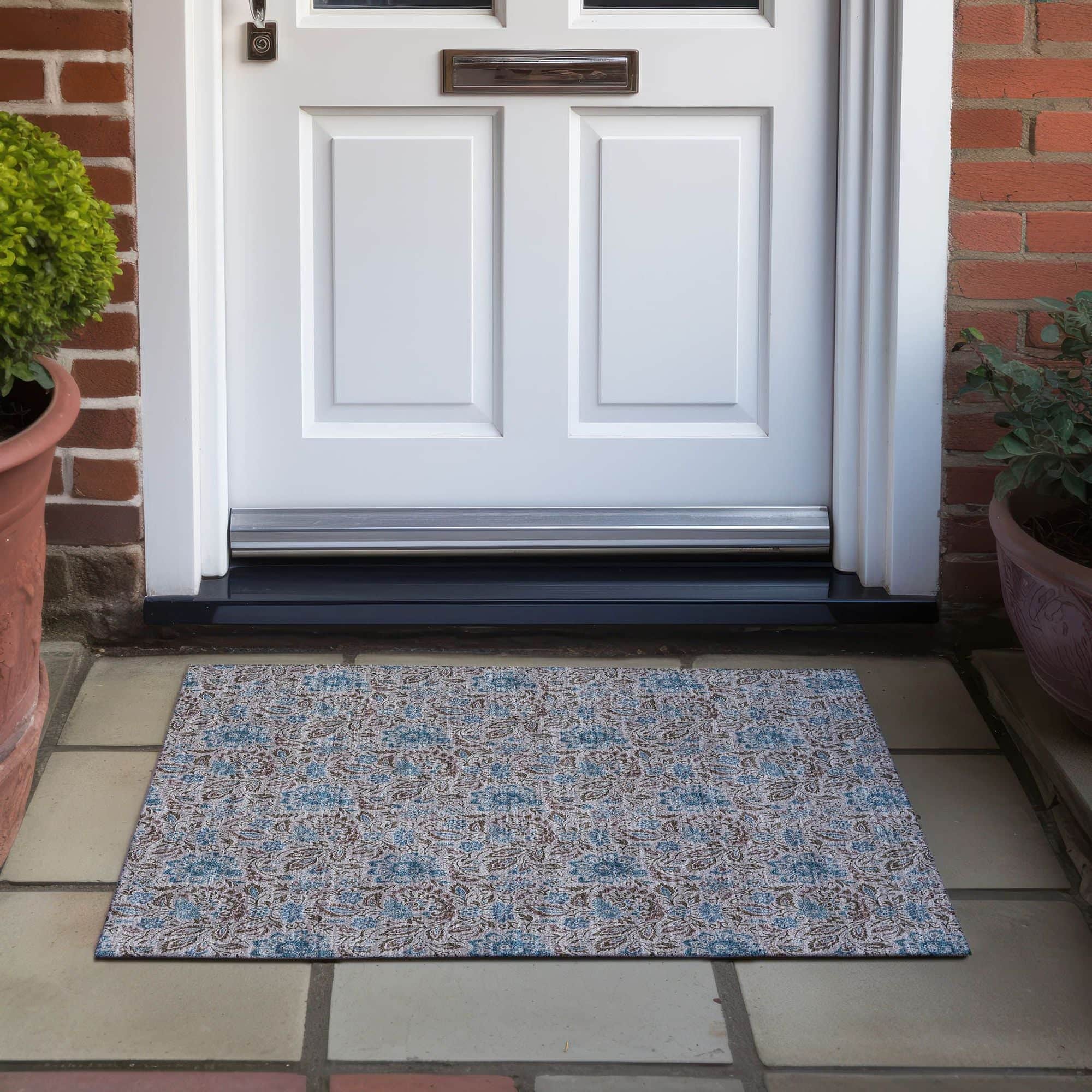 Machine Washable Mocha Brown Rug - Indoor / Outdoor - Kids / Pet Friendly Floral Print Rug