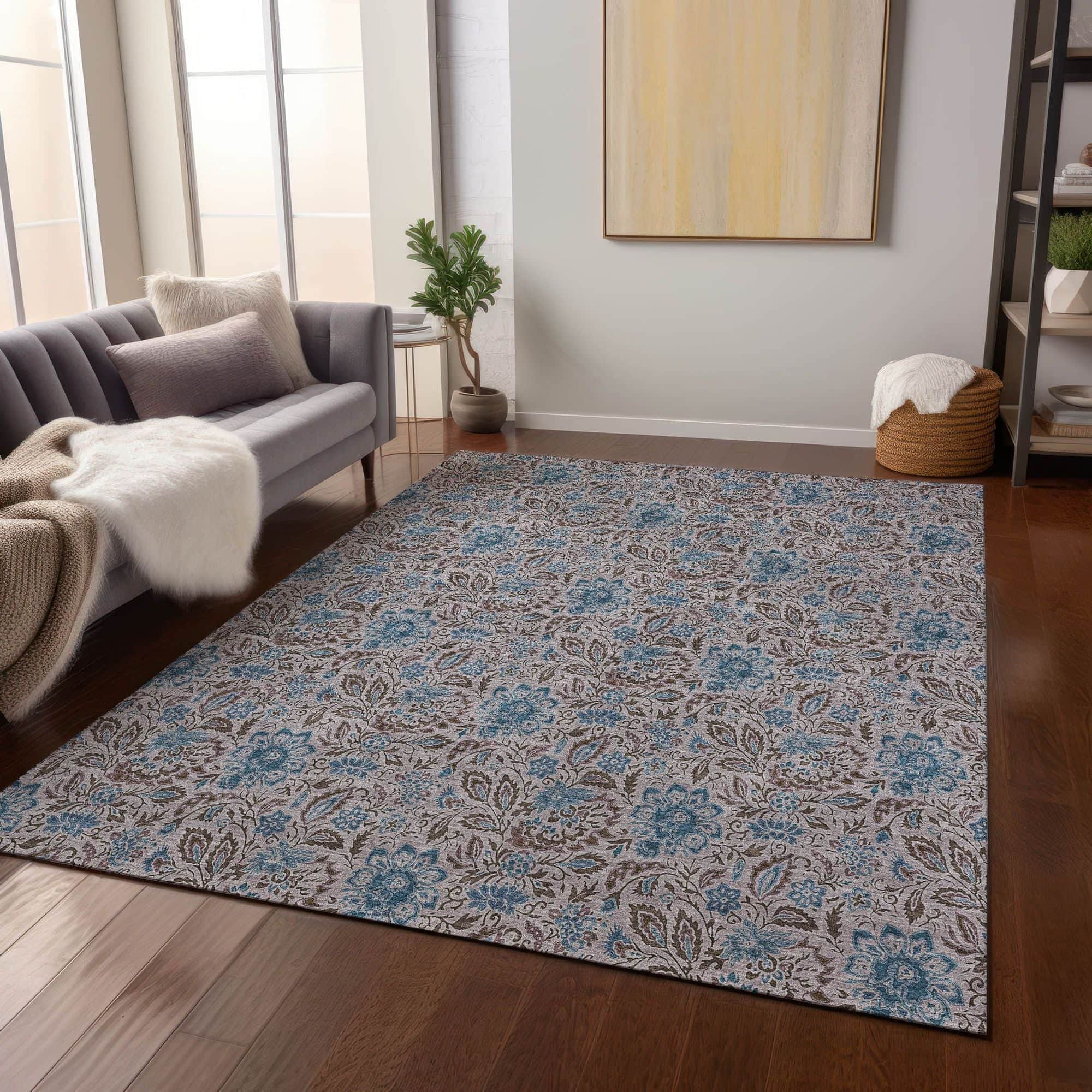Machine Washable Mocha Brown Rug - Indoor / Outdoor - Kids / Pet Friendly Floral Print Rug