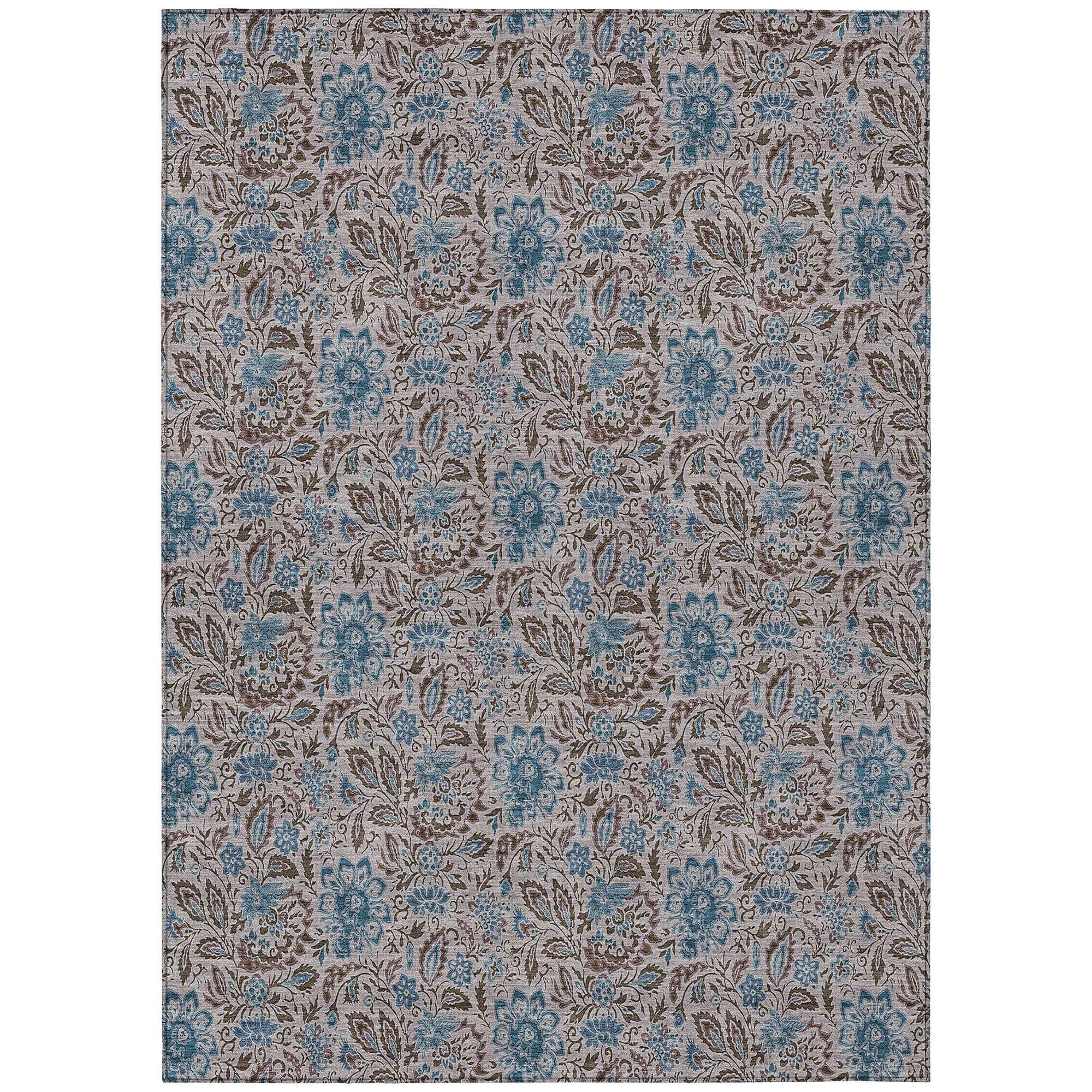 Machine Washable Mocha Brown Rug - Indoor / Outdoor - Kids / Pet Friendly Floral Print Rug