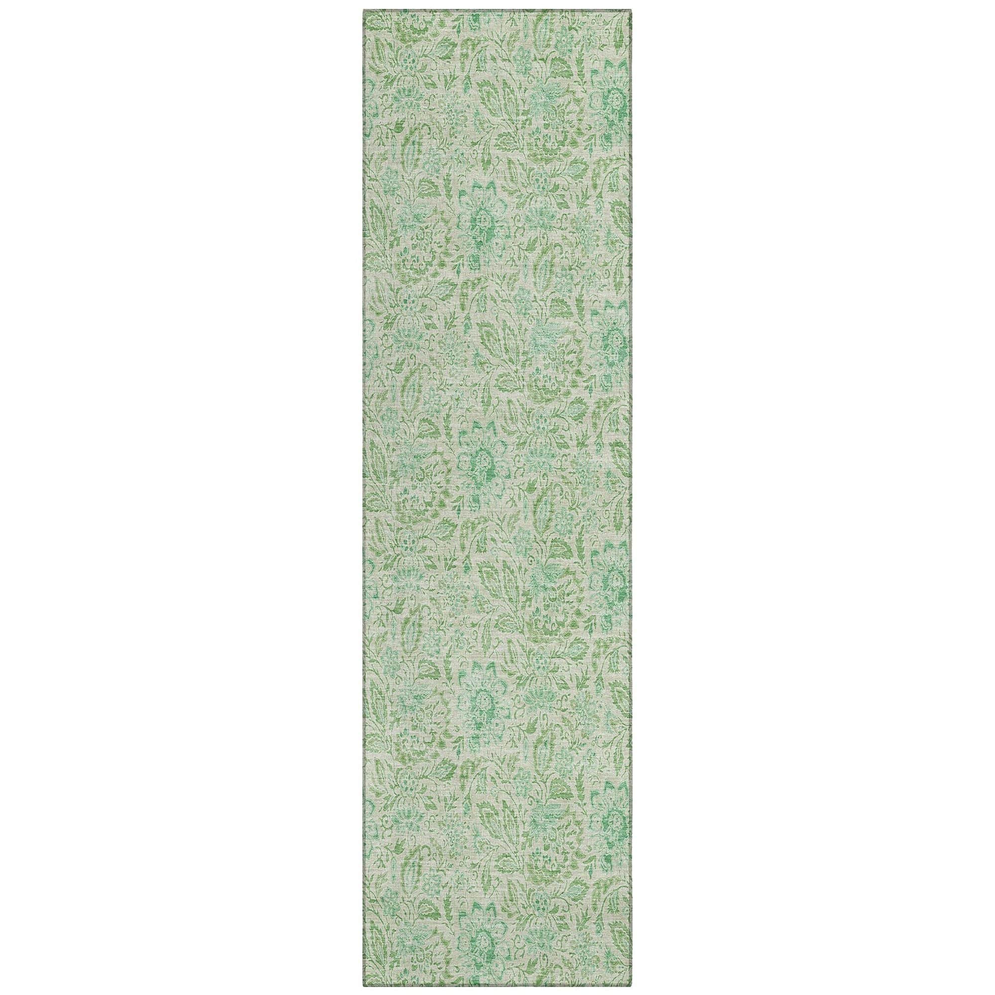 Machine Washable Sage Green Rug - Indoor / Outdoor - Kids / Pet Friendly Floral Print Rug