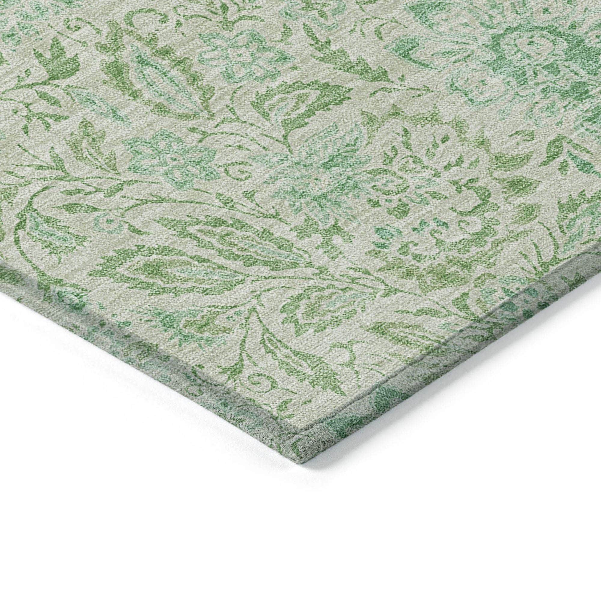 Machine Washable Sage Green Rug - Indoor / Outdoor - Kids / Pet Friendly Floral Print Rug