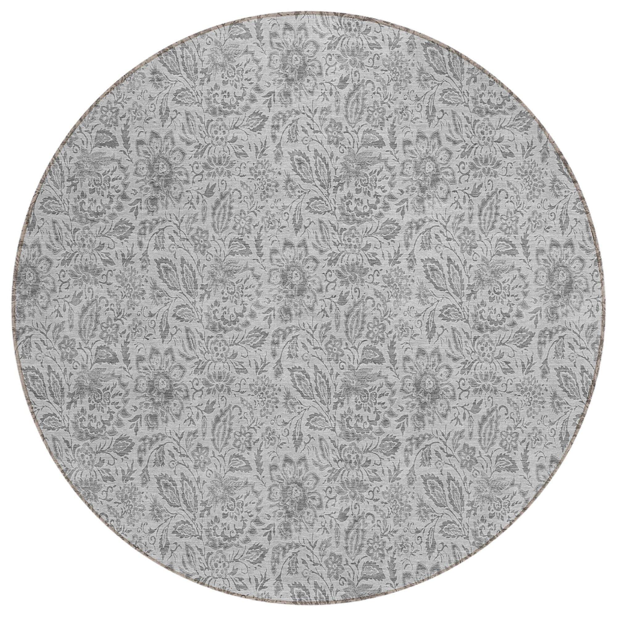 Machine Washable Silver Gray Rug - Indoor / Outdoor - Kids / Pet Friendly Floral Print Rug