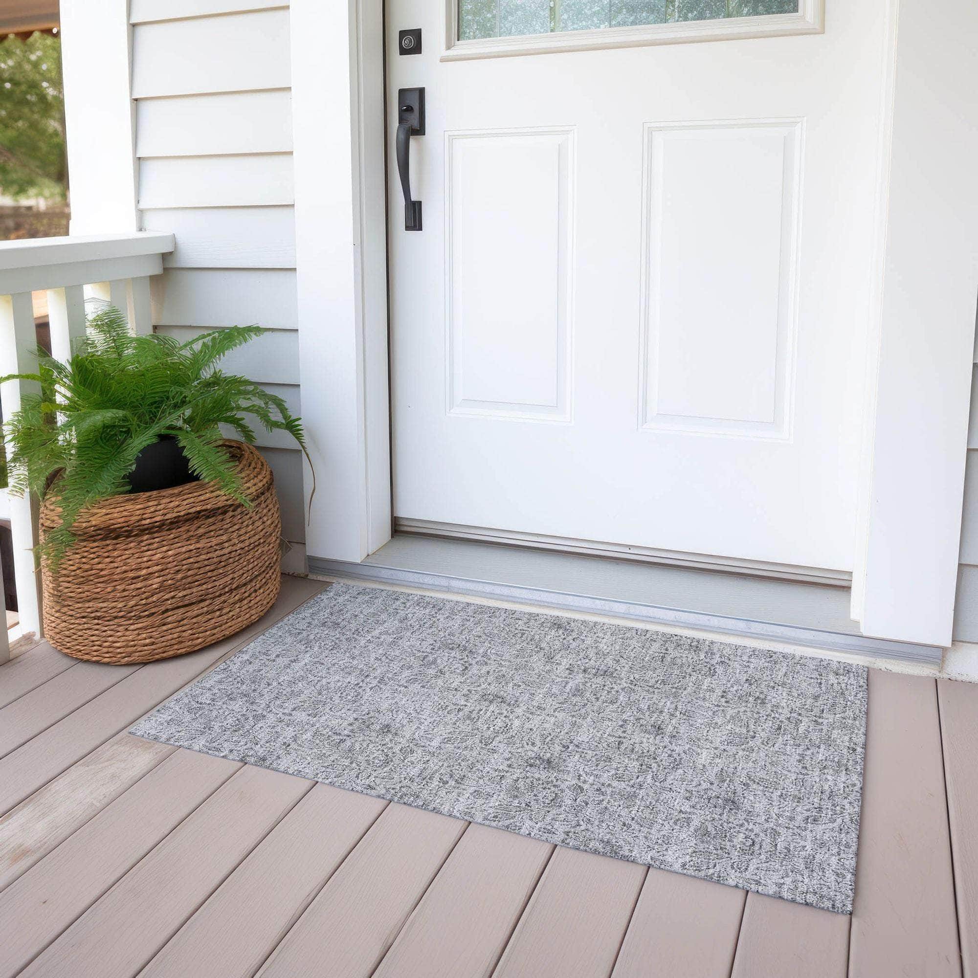 Machine Washable Silver Gray Rug - Indoor / Outdoor - Kids / Pet Friendly Floral Print Rug