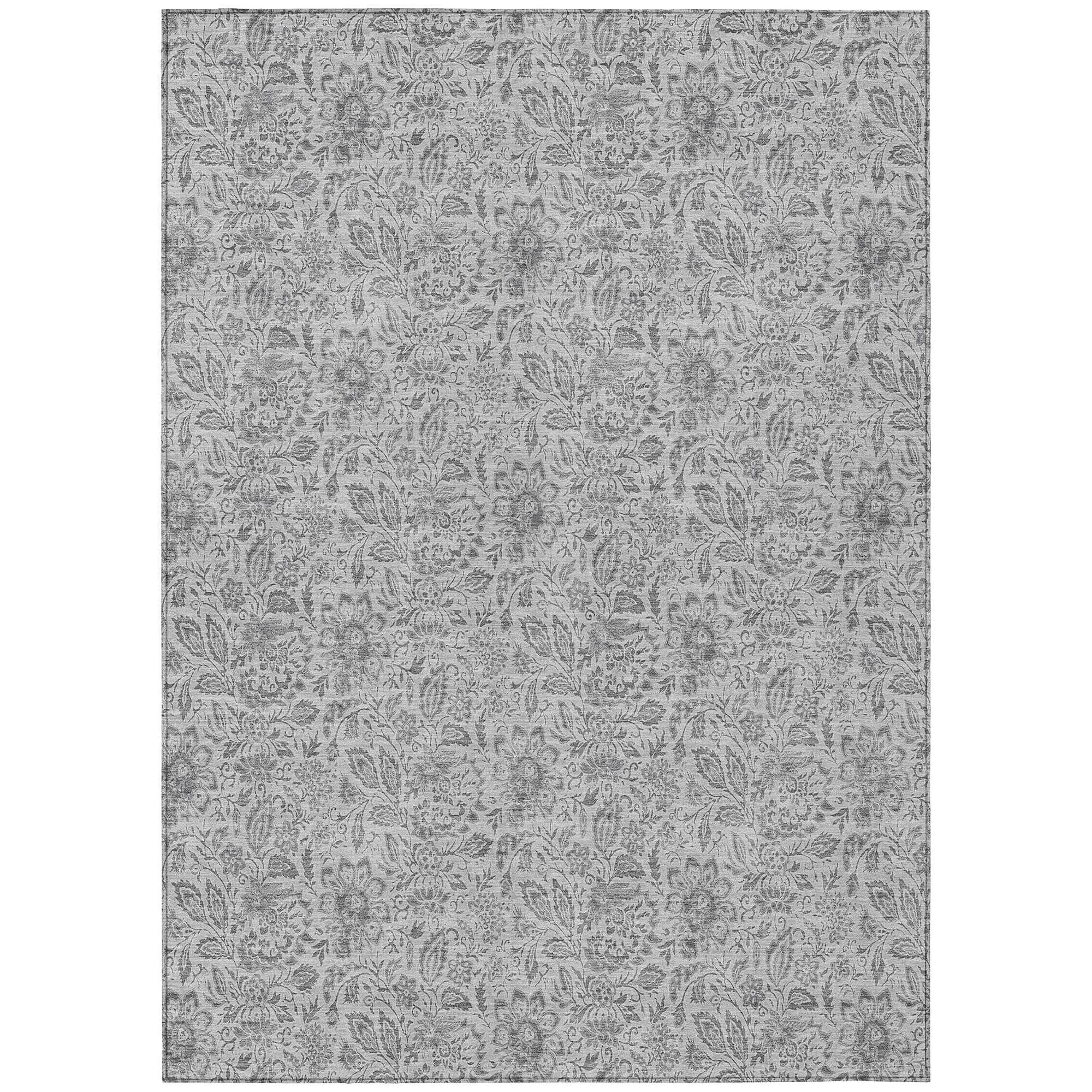Machine Washable Silver Gray Rug - Indoor / Outdoor - Kids / Pet Friendly Floral Print Rug