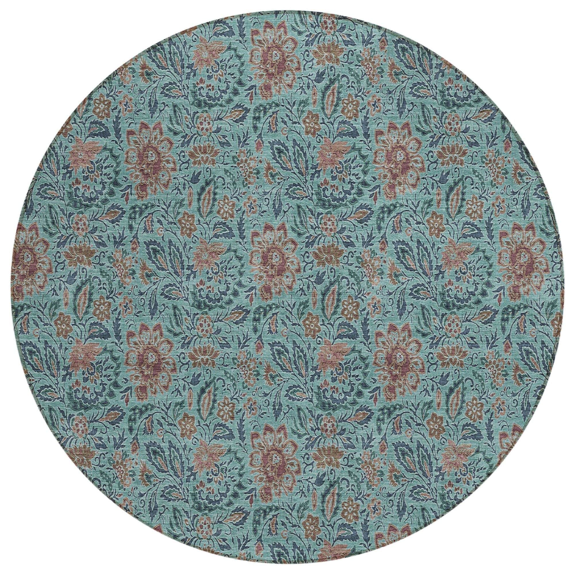 Machine Washable Teal Rug - Indoor / Outdoor - Kids / Pet Friendly Floral Print Rug