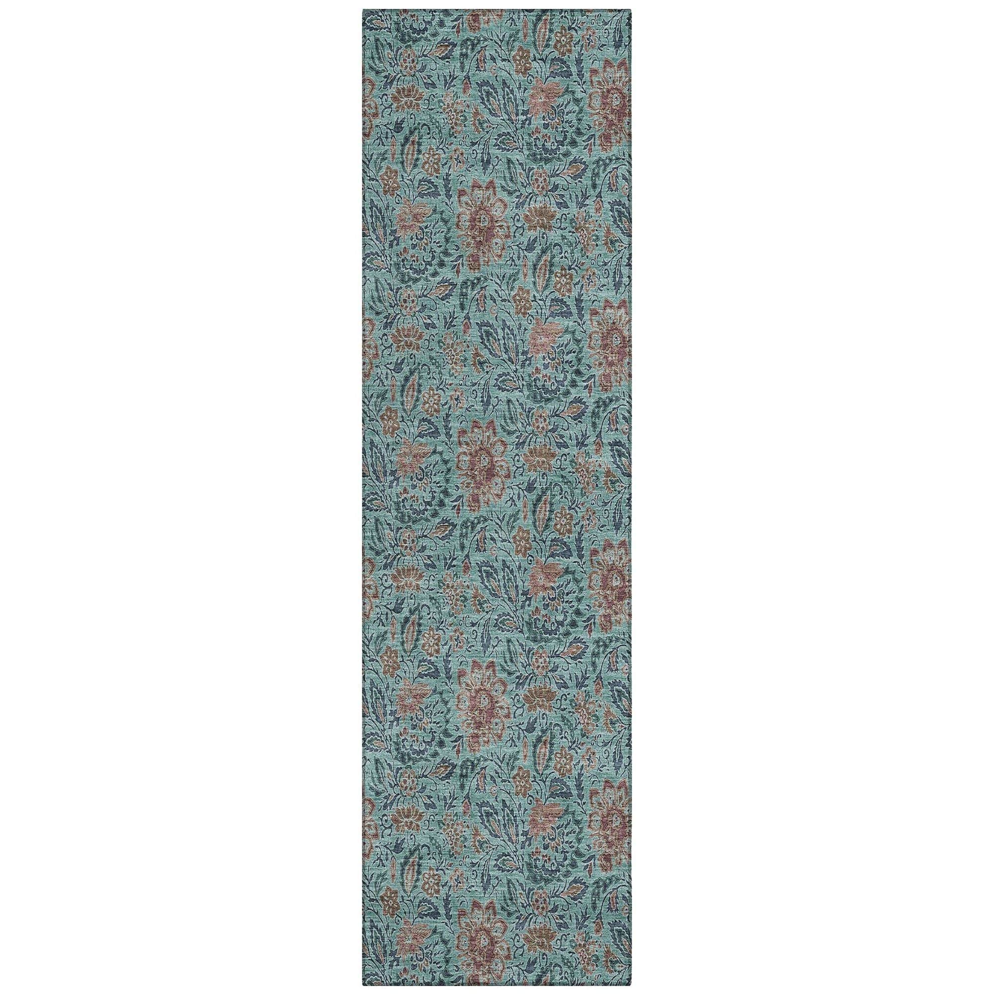 Machine Washable Teal Rug - Indoor / Outdoor - Kids / Pet Friendly Floral Print Rug