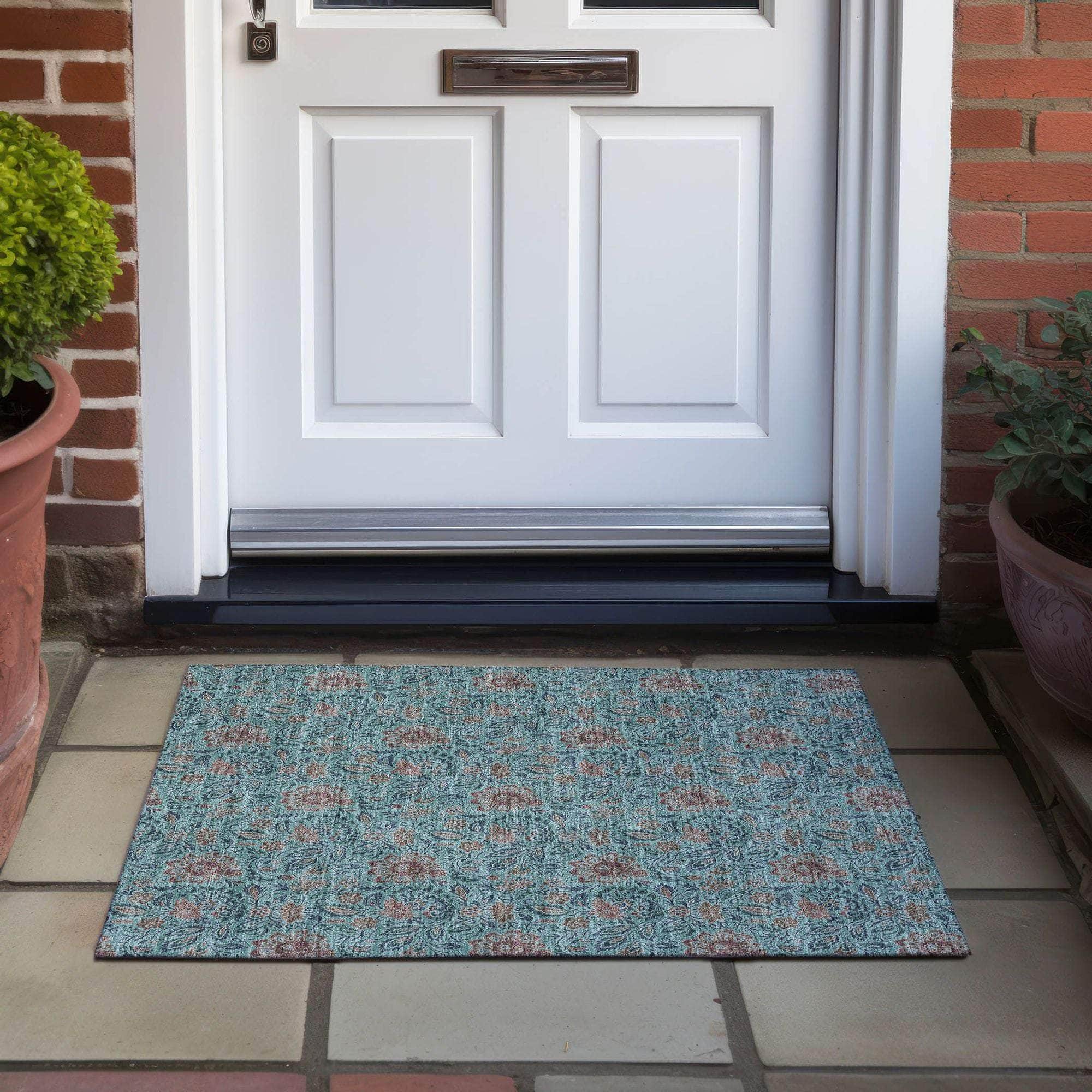 Machine Washable Teal Rug - Indoor / Outdoor - Kids / Pet Friendly Floral Print Rug