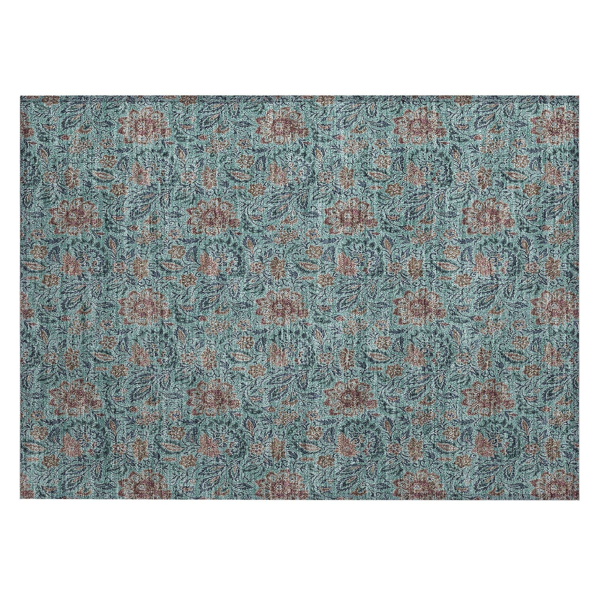 Machine Washable Teal Rug - Indoor / Outdoor - Kids / Pet Friendly Floral Print Rug