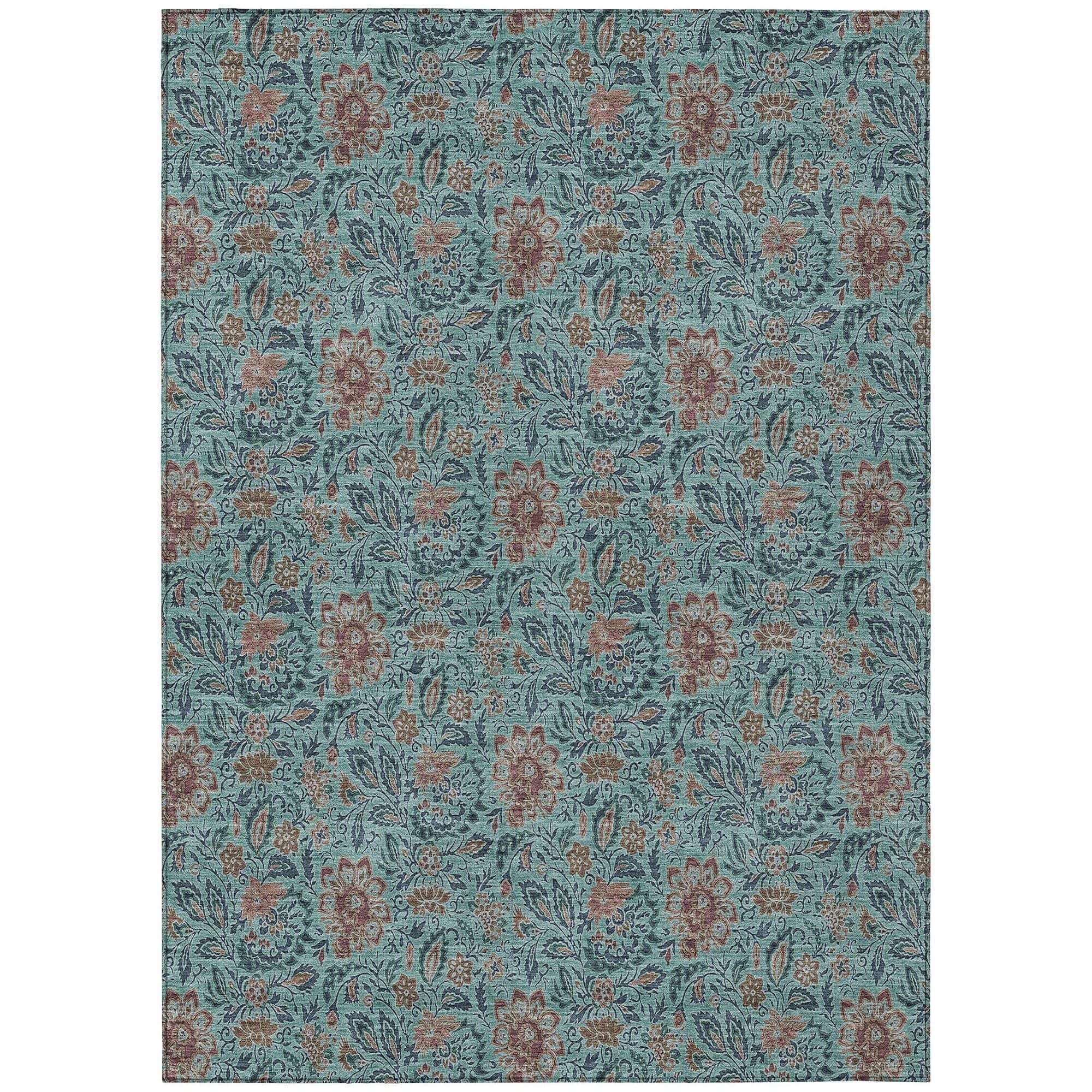 Machine Washable Teal Rug - Indoor / Outdoor - Kids / Pet Friendly Floral Print Rug