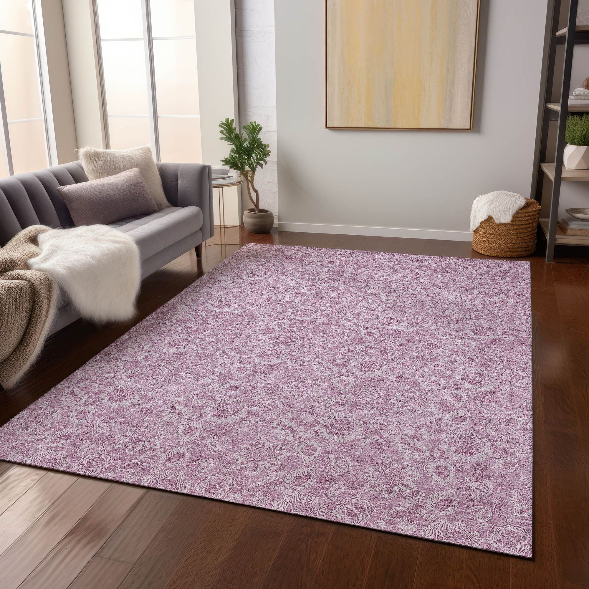 Machine Washable Blush Pink Rug - Indoor / Outdoor - Kids / Pet Friendly Floral Print Rug