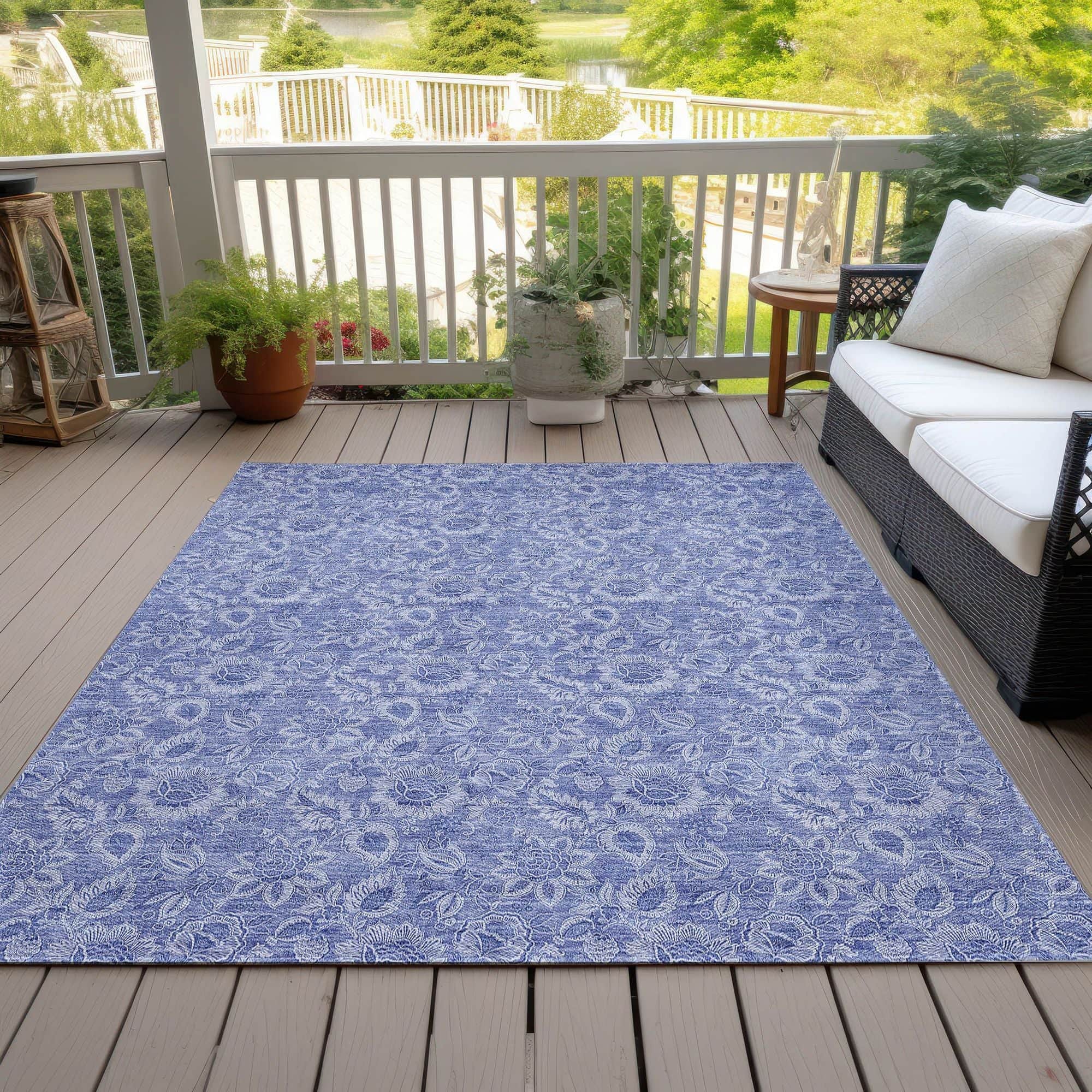 Machine Washable Denim Blue Rug - Indoor / Outdoor - Kids / Pet Friendly Floral Print Rug