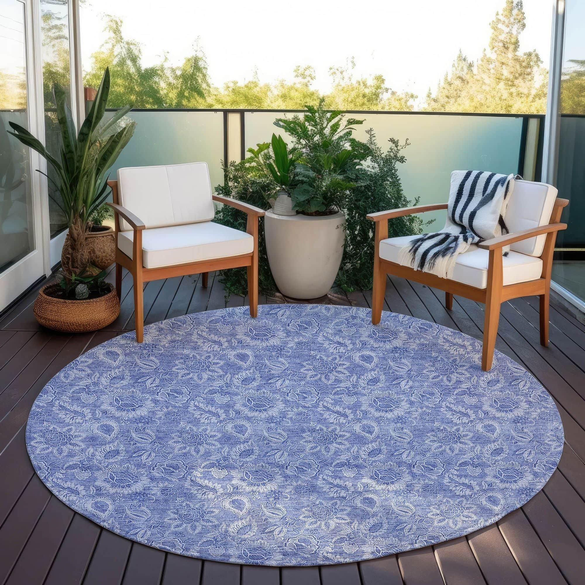 Machine Washable Denim Blue Rug - Indoor / Outdoor - Kids / Pet Friendly Floral Print Rug