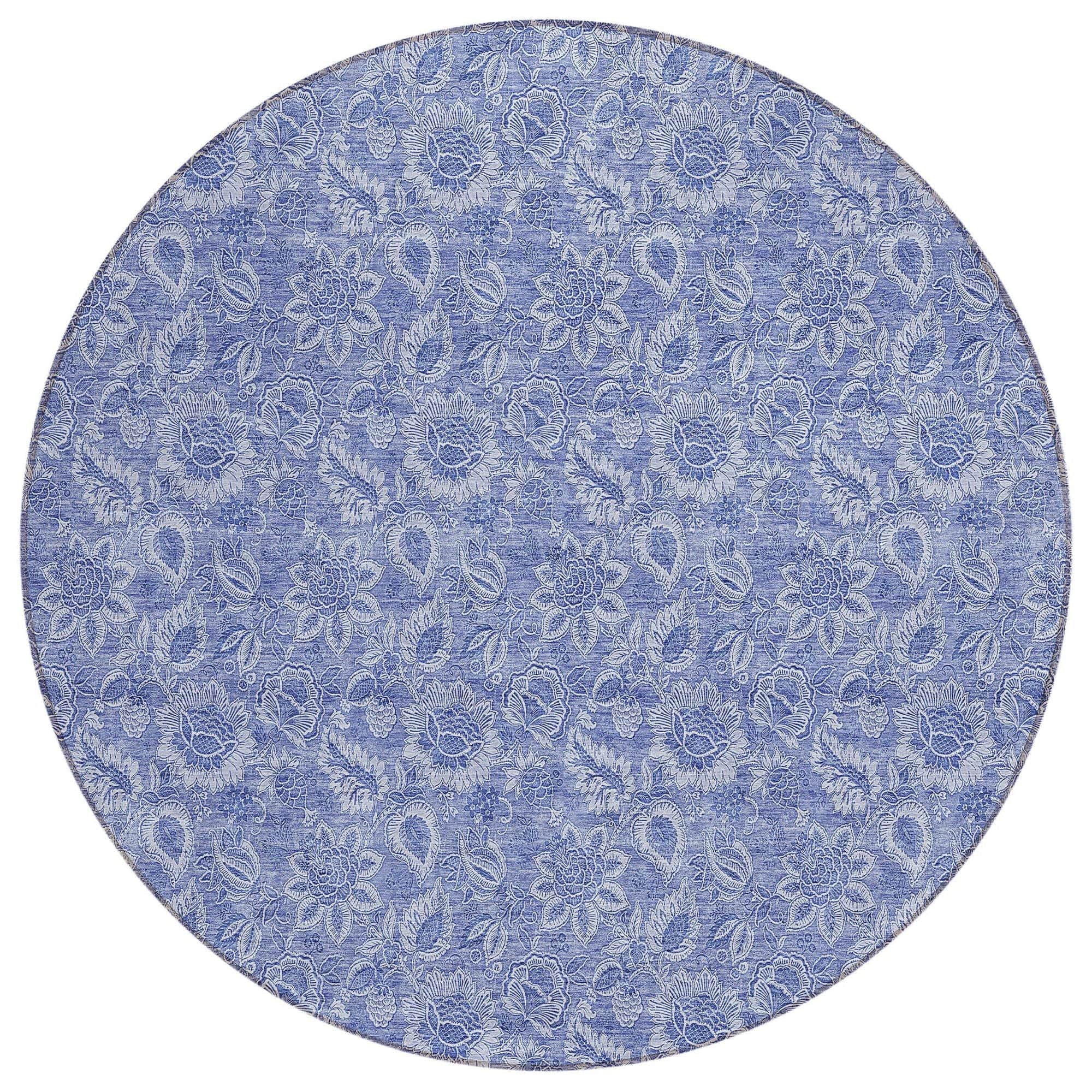 Machine Washable Denim Blue Rug - Indoor / Outdoor - Kids / Pet Friendly Floral Print Rug