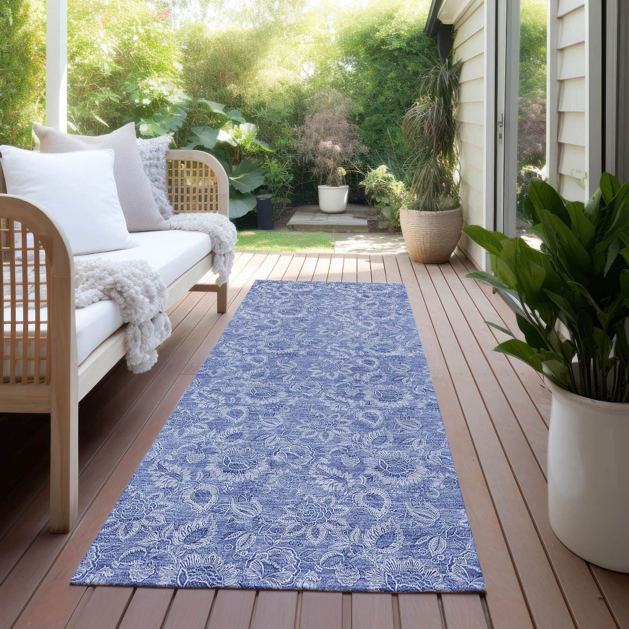 Machine Washable Denim Blue Rug - Indoor / Outdoor - Kids / Pet Friendly Floral Print Rug